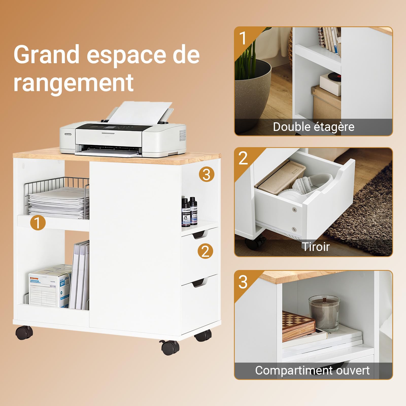 SoBuy Meuble Imprimante Mobile avec roulettes – Support d’Imprimante & Caisson Bureau avec Tiroirs et Rangement, Table d’appoint Bureau L60xP30xH60 cm, FBT130-WN