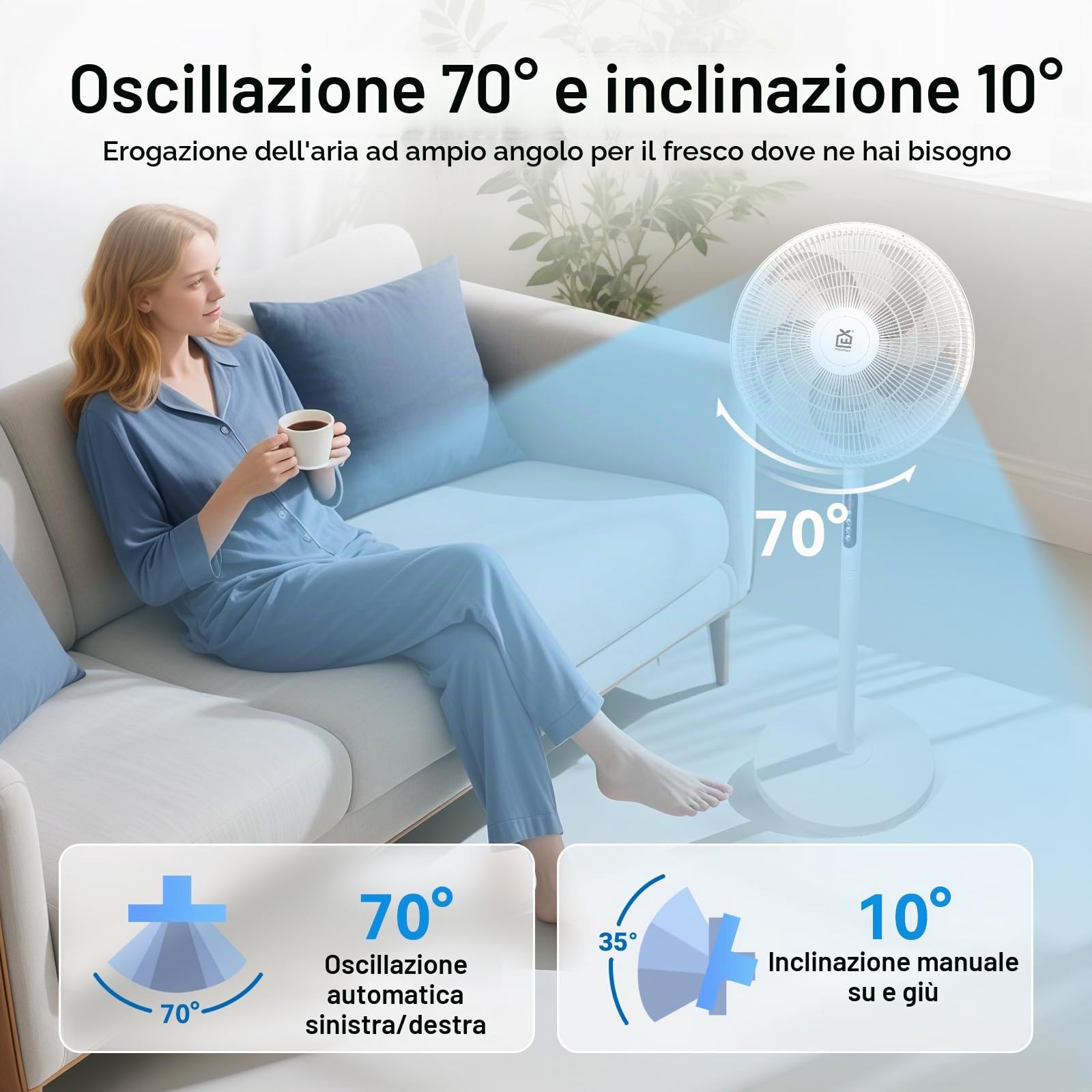 EXTRASTAR Ventilatore a piedi Altezza regolabile 116cm, 6 velocità, Oscillazione 70°, Telecomando, Minutario 9h, Flusso d'aria Grande angolo, Silenzioso, Uso Domicile Ufficio Camera