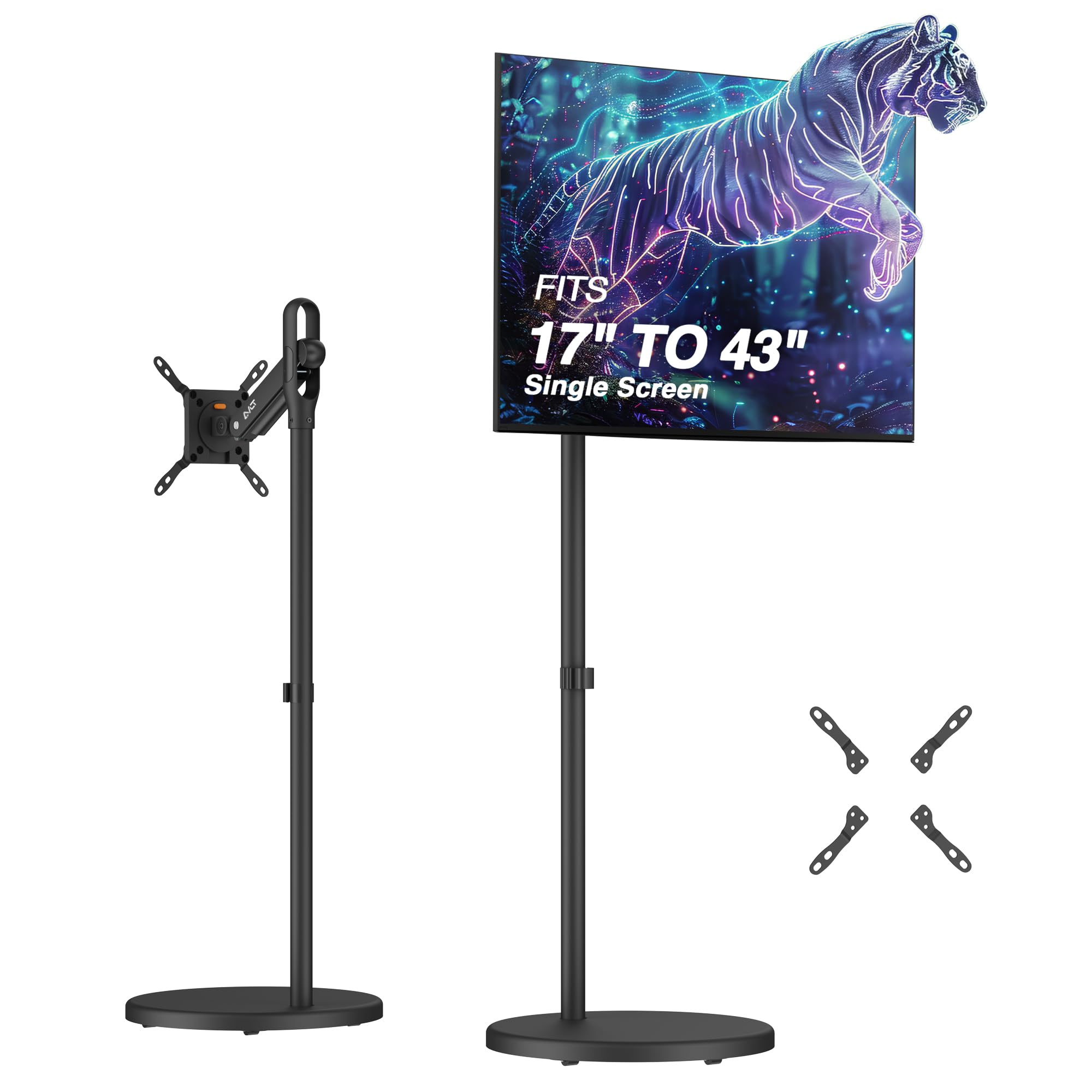 AVLT Single 17 to 43 Inch Portable Monitor Arm TV Rolling Stand with Heavy Base for Screens Up to 22 lbs, Mechanical Spring Height Adjustment, Screen
