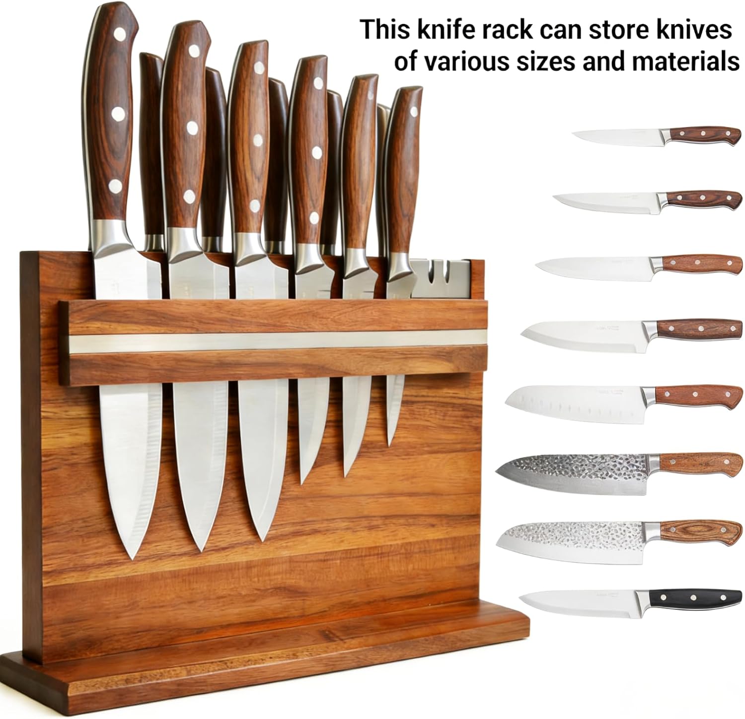 Large Magnetic Knife Holder - 14.5 x 11" Double-Sided Acacia Wood Block with Built-in Sharpener, Holds 14+ Knives, Premium Kitchen Counter Organizer for Professional Chefs