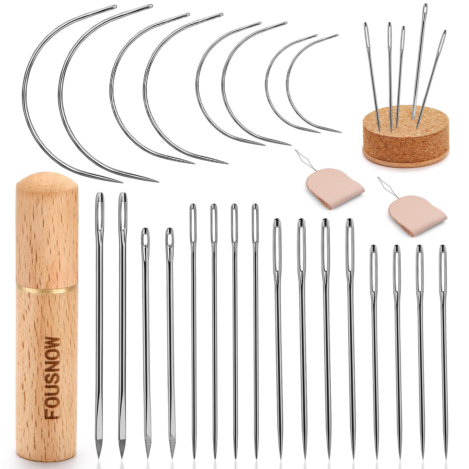 FOUSNOW Juego de 28 agujas de coser a mano resistentes, agujas de tapicería para coser a mano, kit de agujas de coser con agujas de coser de madera, cojín para cuero, sofá, lienzo, reparación de