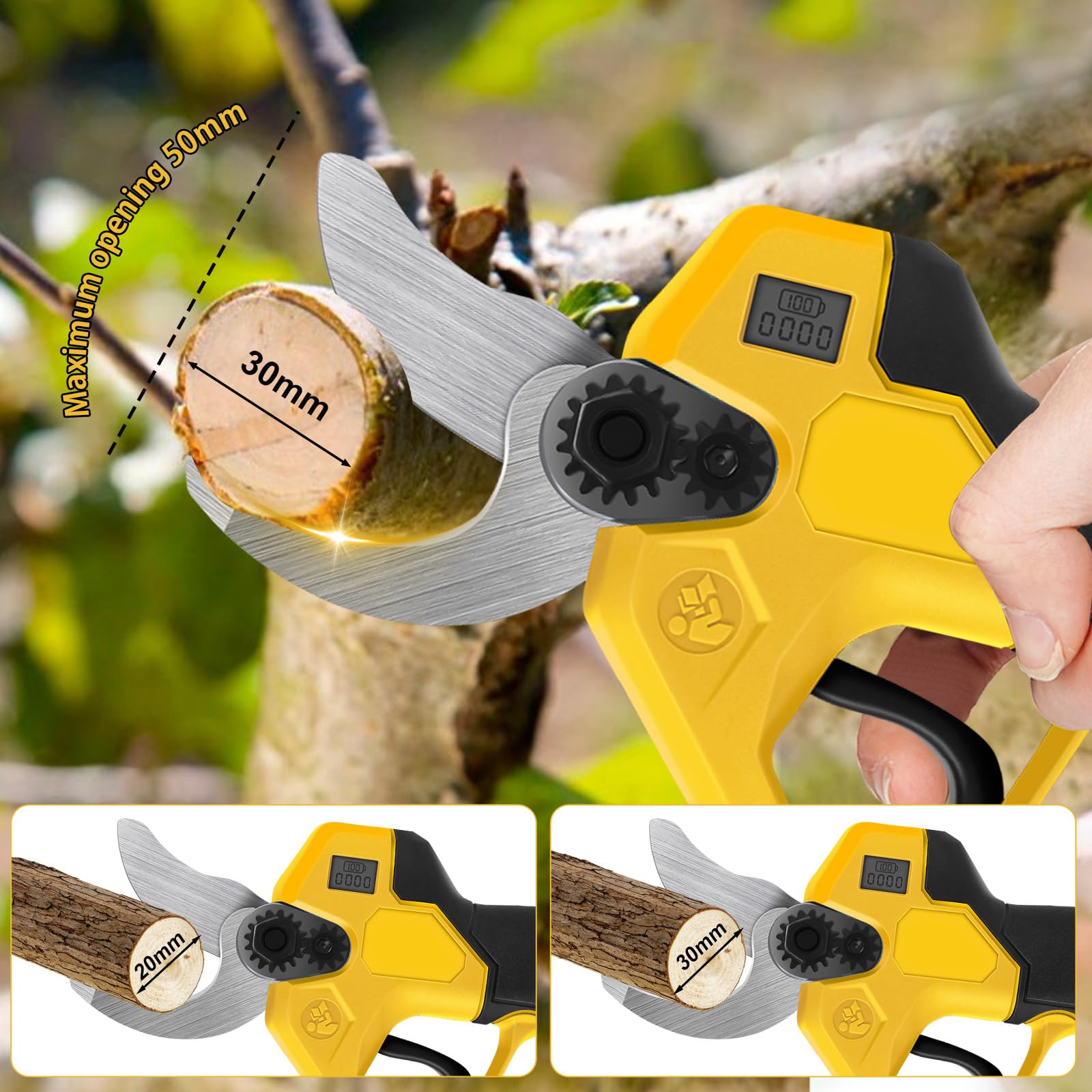 Tijeras de podar con batería compatibles con Dewalt 20 V, tijeras de podar eléctricas 2 en 1 con barra de extensión de 2 m, diámetro de corte máximo de 30 mm, pantalla LCD, tijeras de podar