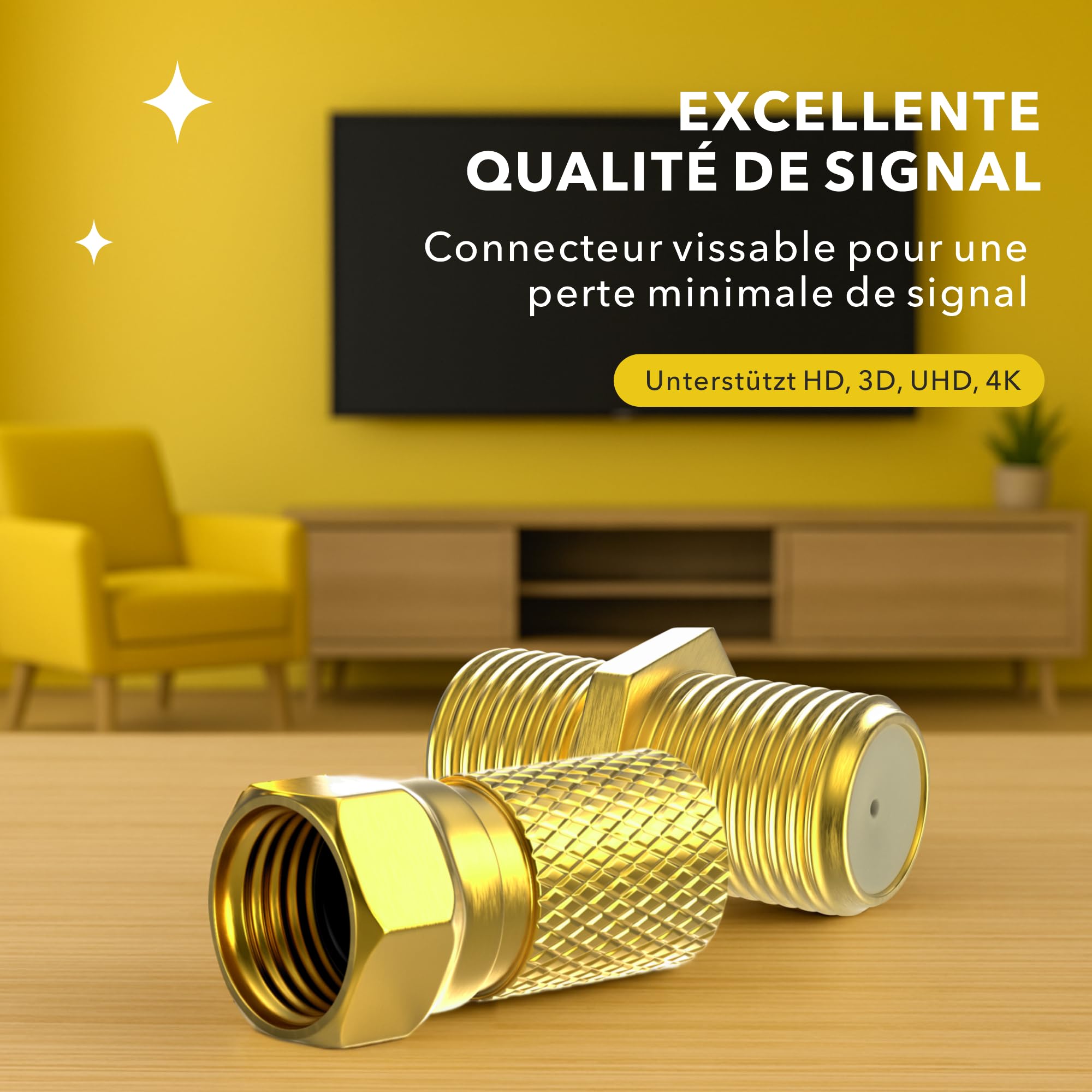 Connecteur F Fiche 7mm 10x + F Coupleur 5X | Joint en caoutchouc | Ecrou large à visser | Rallonge pour câble d'antenne coaxial Câble coaxial SAT | Satellite LNB F mâle + Connecteur Set