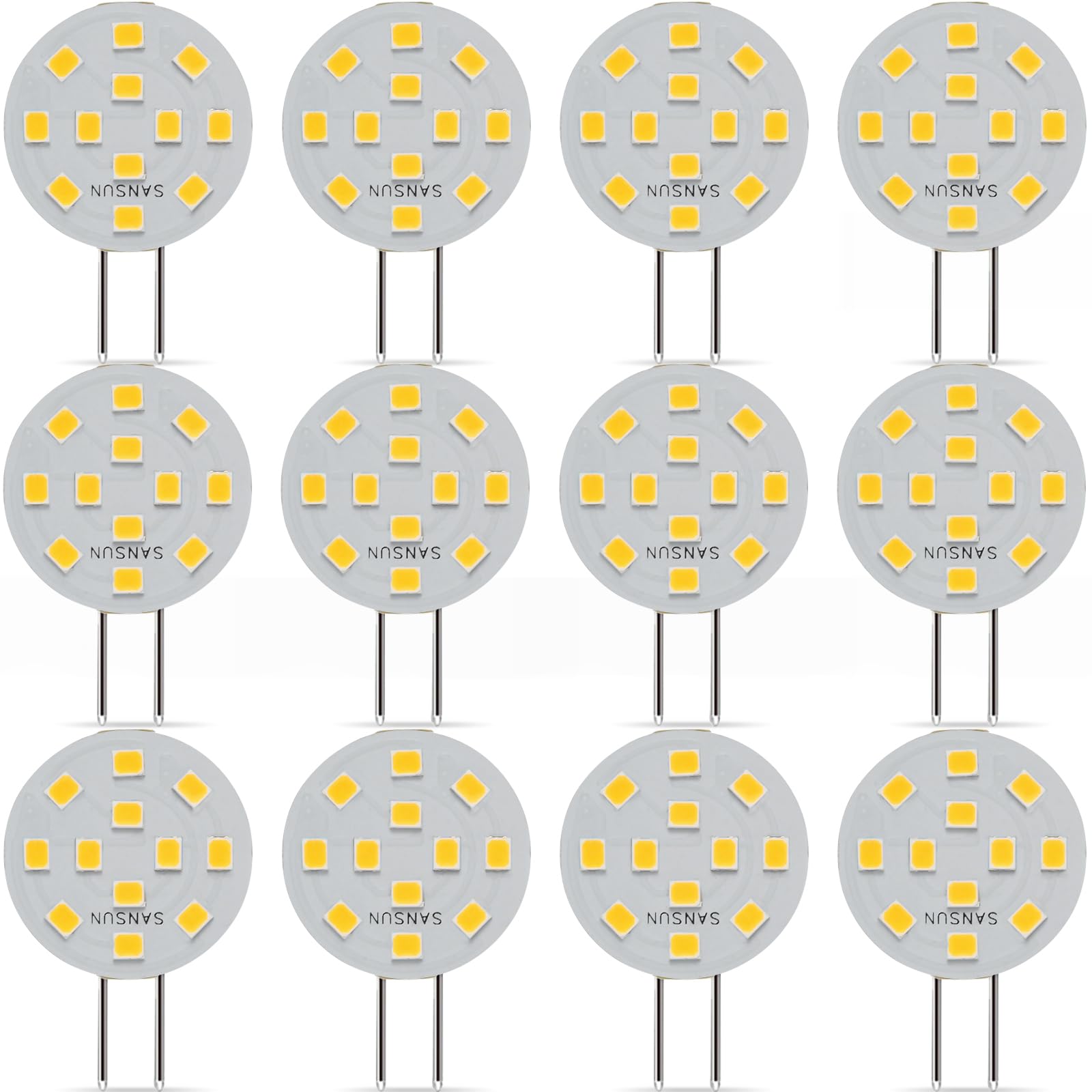 SANSUN G4 LED Bulbs 2W Equivalent to 20W Halogen, G4/GU4/GZ4 Bi-Pin Base, AC/DC12V 3000K 120° Wide Angle, Non-Dimmable (Warm White, Pack of 12)
