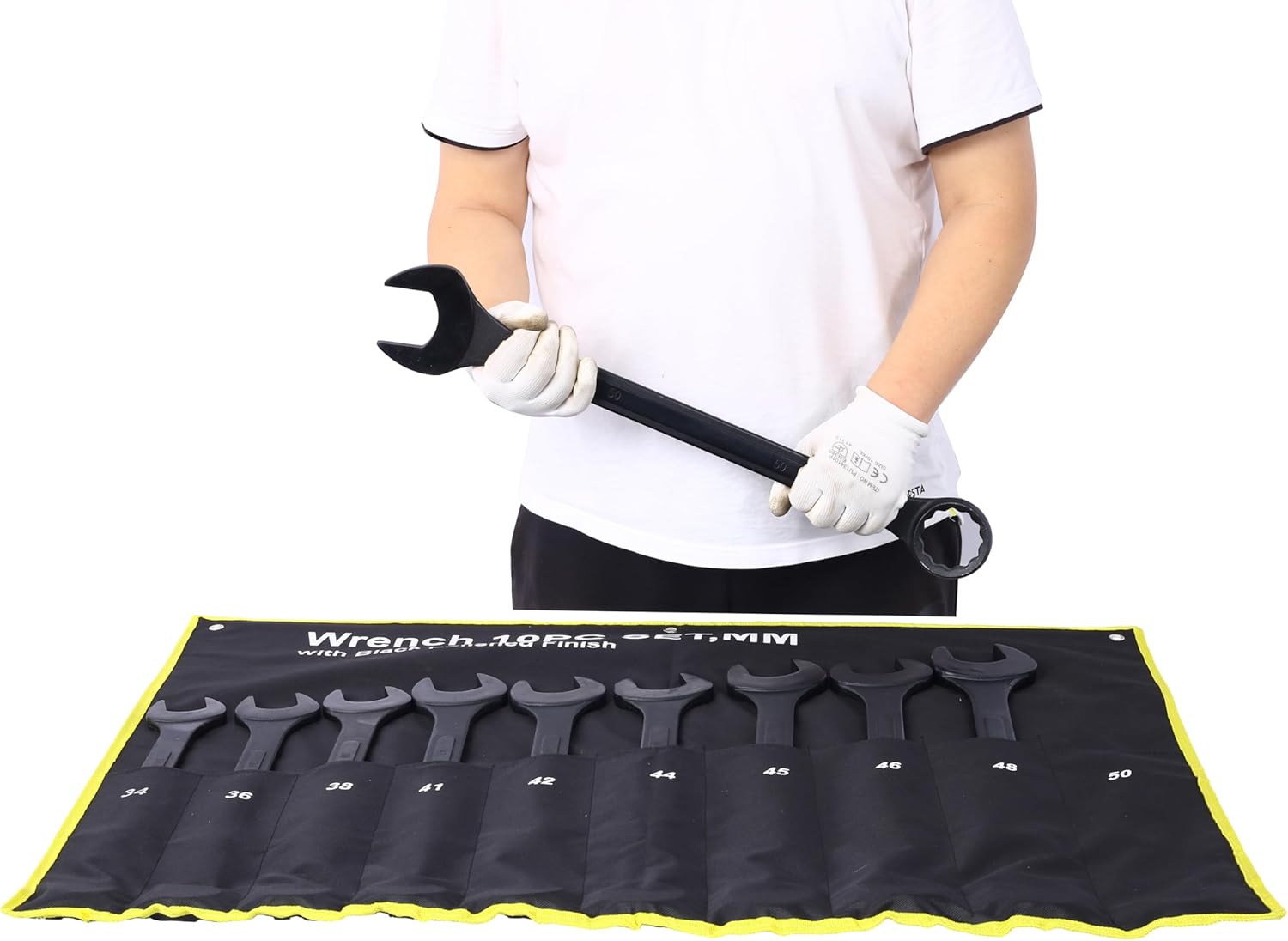 10 PC Black Oxide Metric Jumbo Combination Wrench Set, 34-50mm, Extra Large, Carbon Steel, Versatile and Durable with Convenient Storage Pouch - Ideal for Heavy Duty Applications