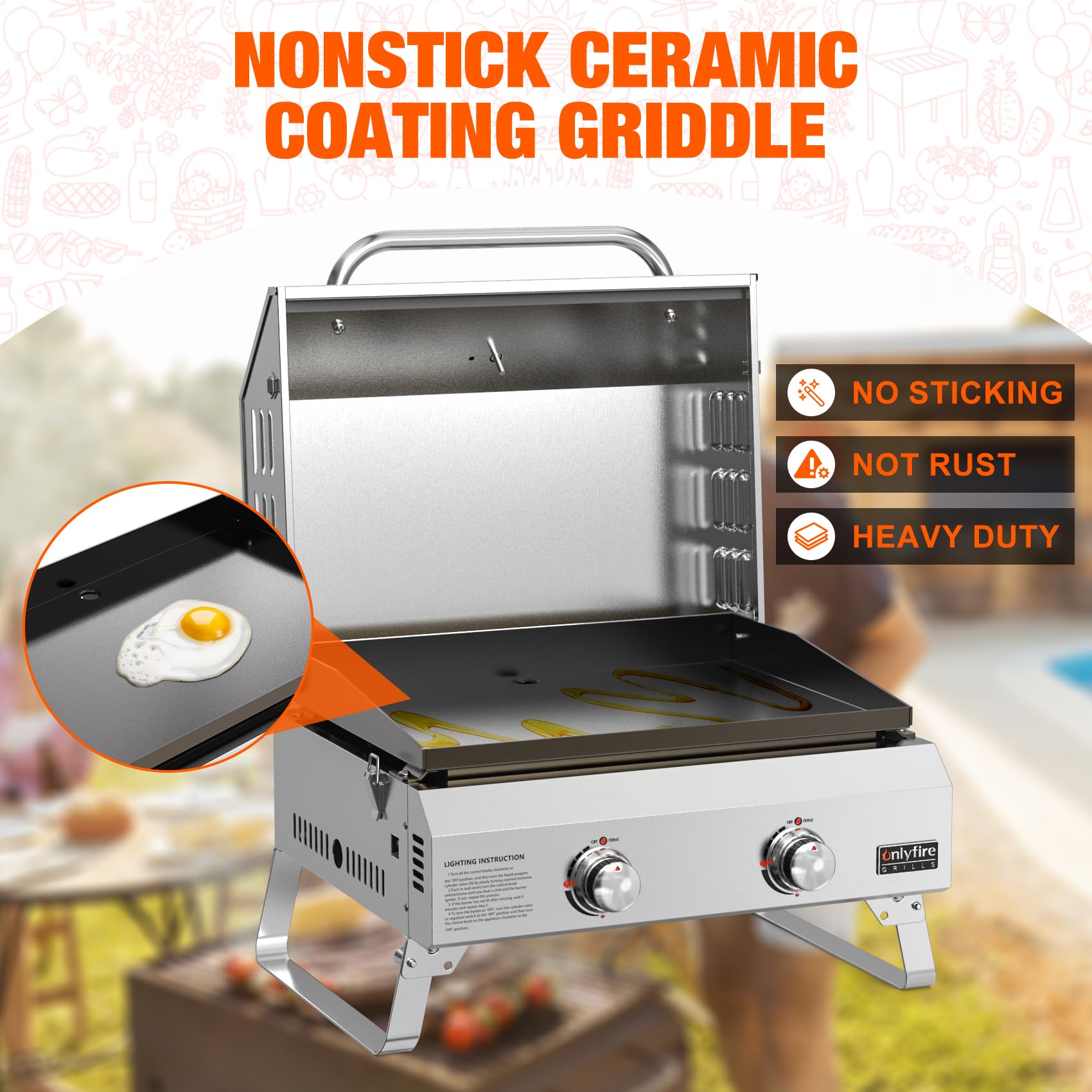 onlyfire Barbecue à Gaz 2 Brûleurs en Acier Inoxydable, Barbecue de Table avec Couvercle et Plaque de Gril en Céramique, Zone de Cuisson 45,8x36CM, pour Camping et l' Extérieur