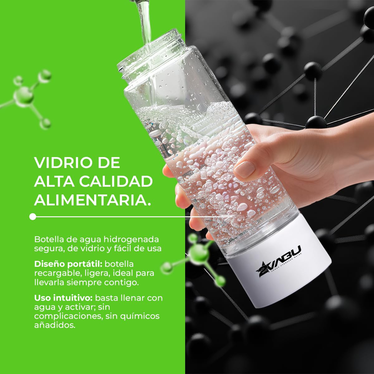 Botella de Agua Hidrogenada – 1400 PPB de Hidrógeno Molecular – Tecnología SPE/PEM de Alta Pureza – Incluye Funda Protectora - Auto limpieza Membrana - 400 ml (Molecular Sport)