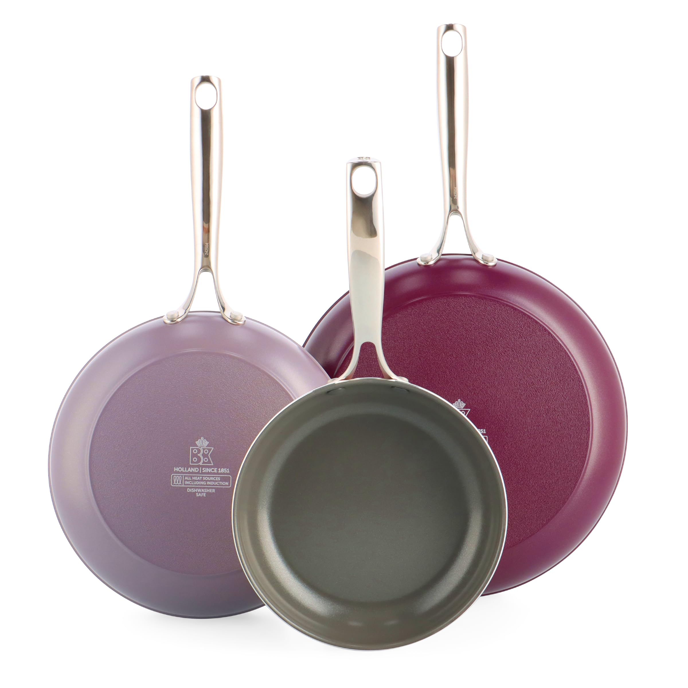 BK Sky - Juego de sartenes antiadherentes de cerámica (3 piezas, diámetro 20/24/28 cm, sin PFAS, apta para inducción, horno hasta 220 °C, apto para lavavajillas, calentamiento rápido, asas de acero