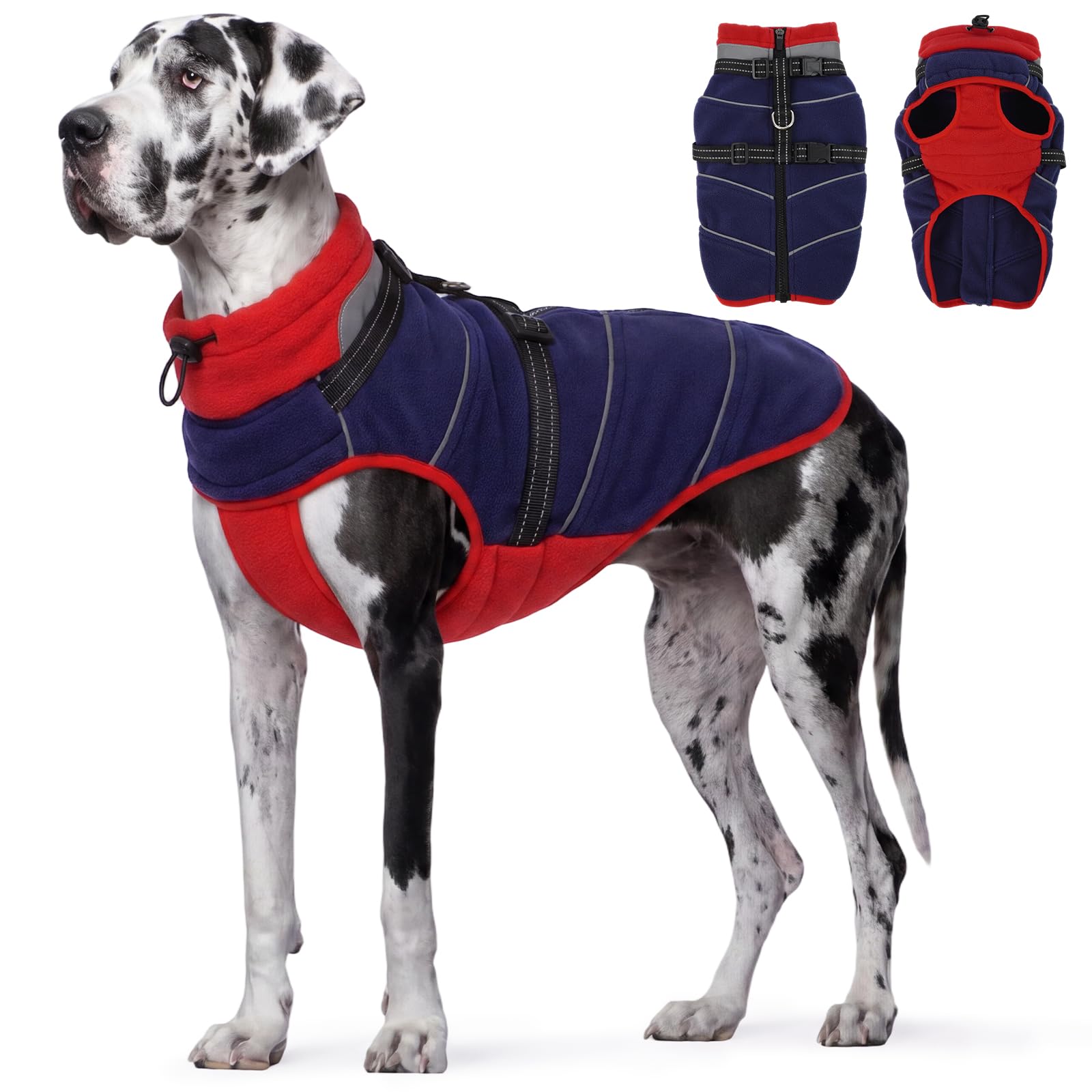 OUOBOB Dog Fleece Coat Built In Harness Reflective Winter Jacket Blue 3XL