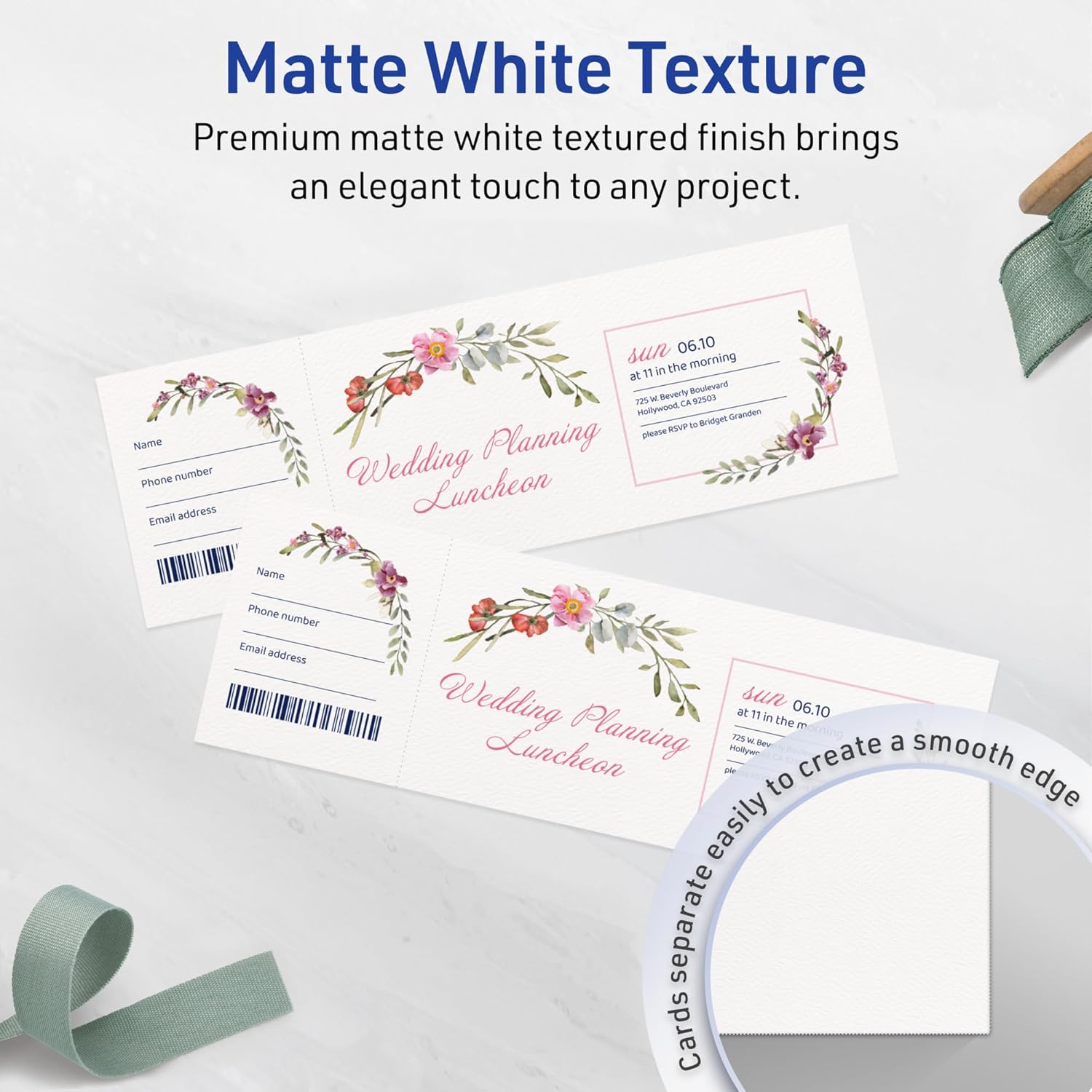 Avery Printable Rectangle Tickets, 2.75" x 8.5", Textured Matte White, Laser & Inkjet Compatible, 200 Total, Great for Product Branding, Marketing, and More