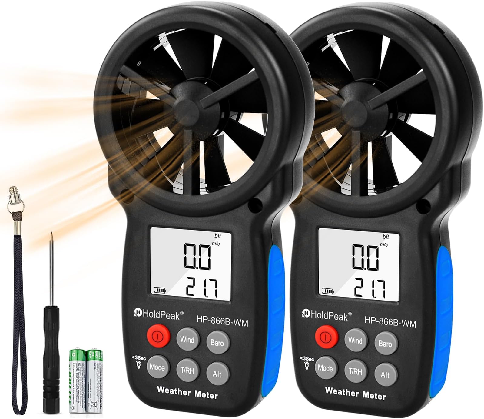 [2 PCS] HoldPeak Handheld Anemometer Barometer, Weather Meter for Wind Speed, Temperature, Humidity, Dew Point, Altitude, Barometric Pressure, Wind Chill Measuring, Digital Wind Guage 866B-WM