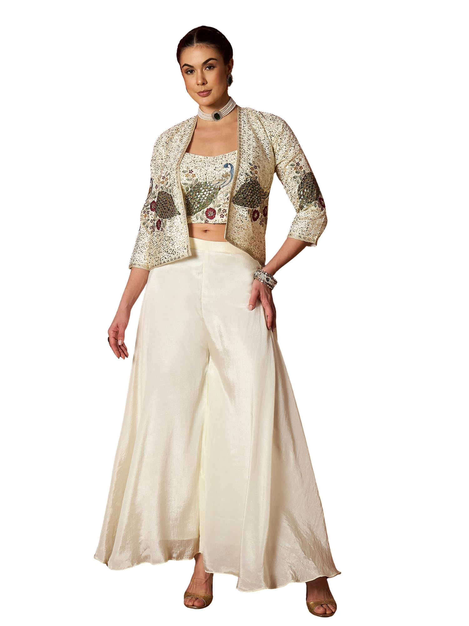 stylum Women's Cream Solid & Embroidered Silk Blend Co-Ord Set-picture-23