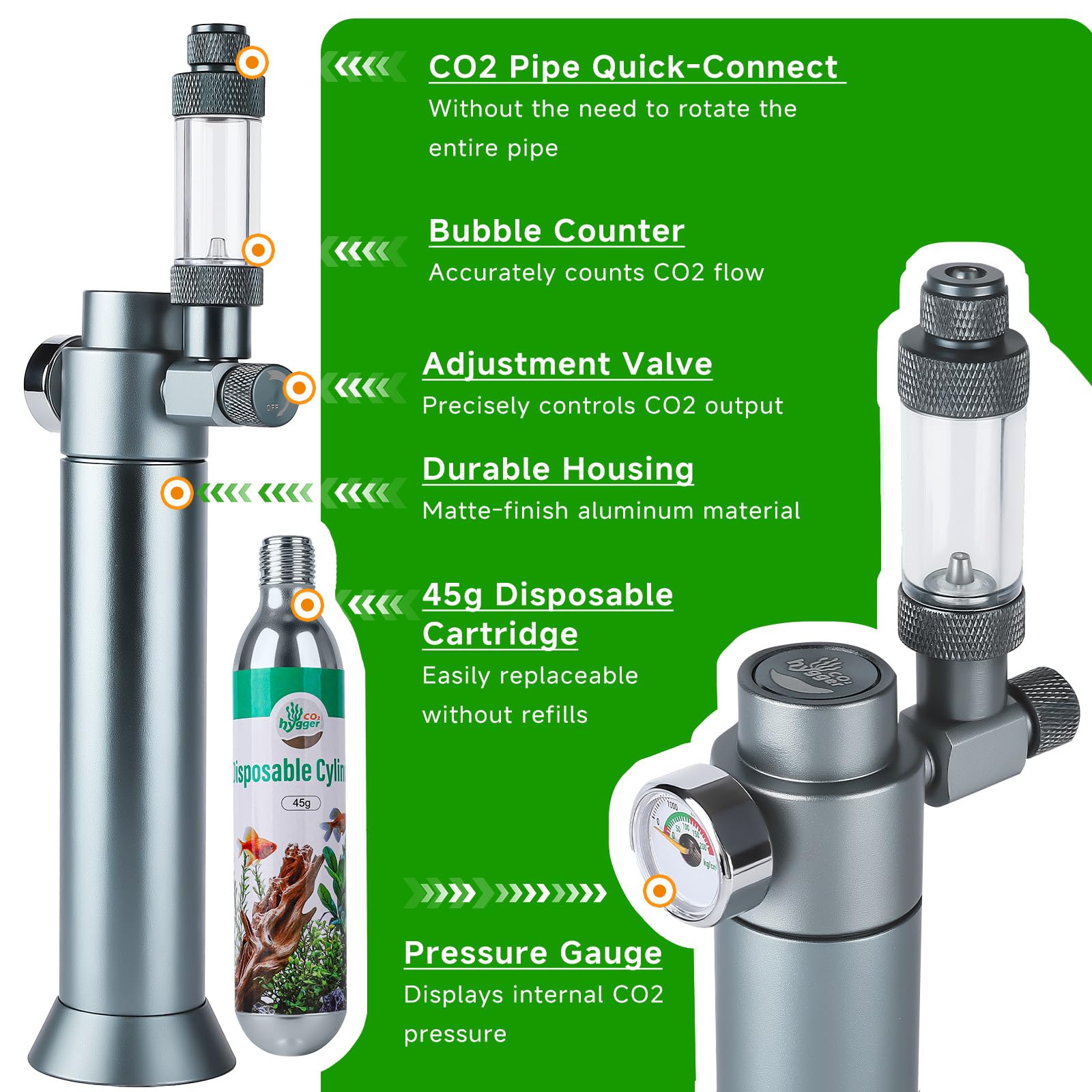 Sistema completo de CO2 para acuarios, regulador de CO2 de escritorio con cartucho de CO2 desechable de 45 g, compatible con rosca de 5/8 pulgadas y 3/8 pulgadas para nano acuarios