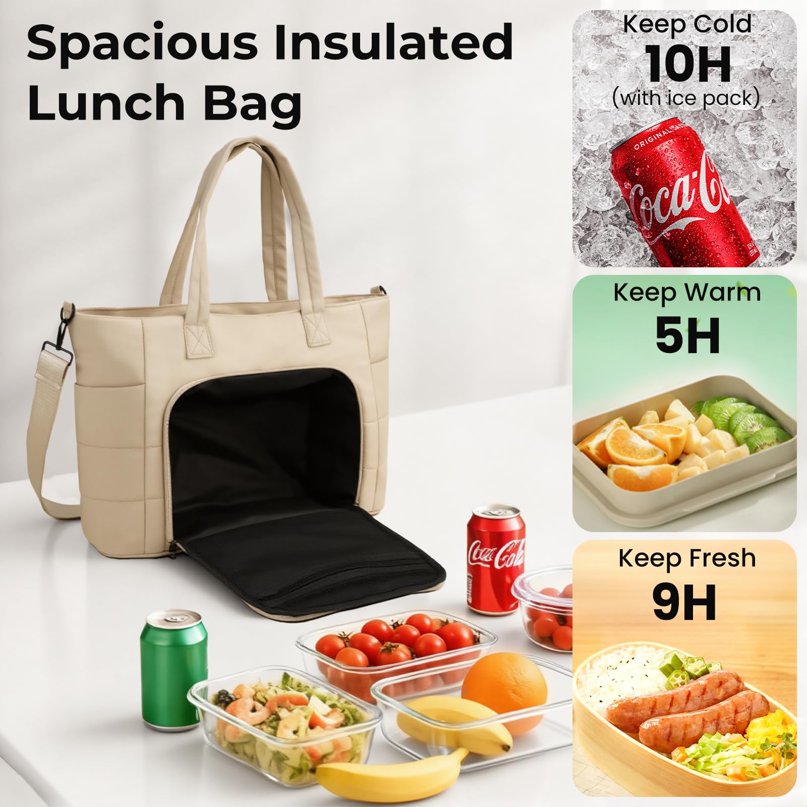 Dadanism Torba na lunch dla kobiet, wyściełana torba na laptopa o przekątnej 15,6 cala z izolowaną komorą na lunch, pikowana torba o dużej pojemności z portfelem do pracy biura uniwersytetu, szary