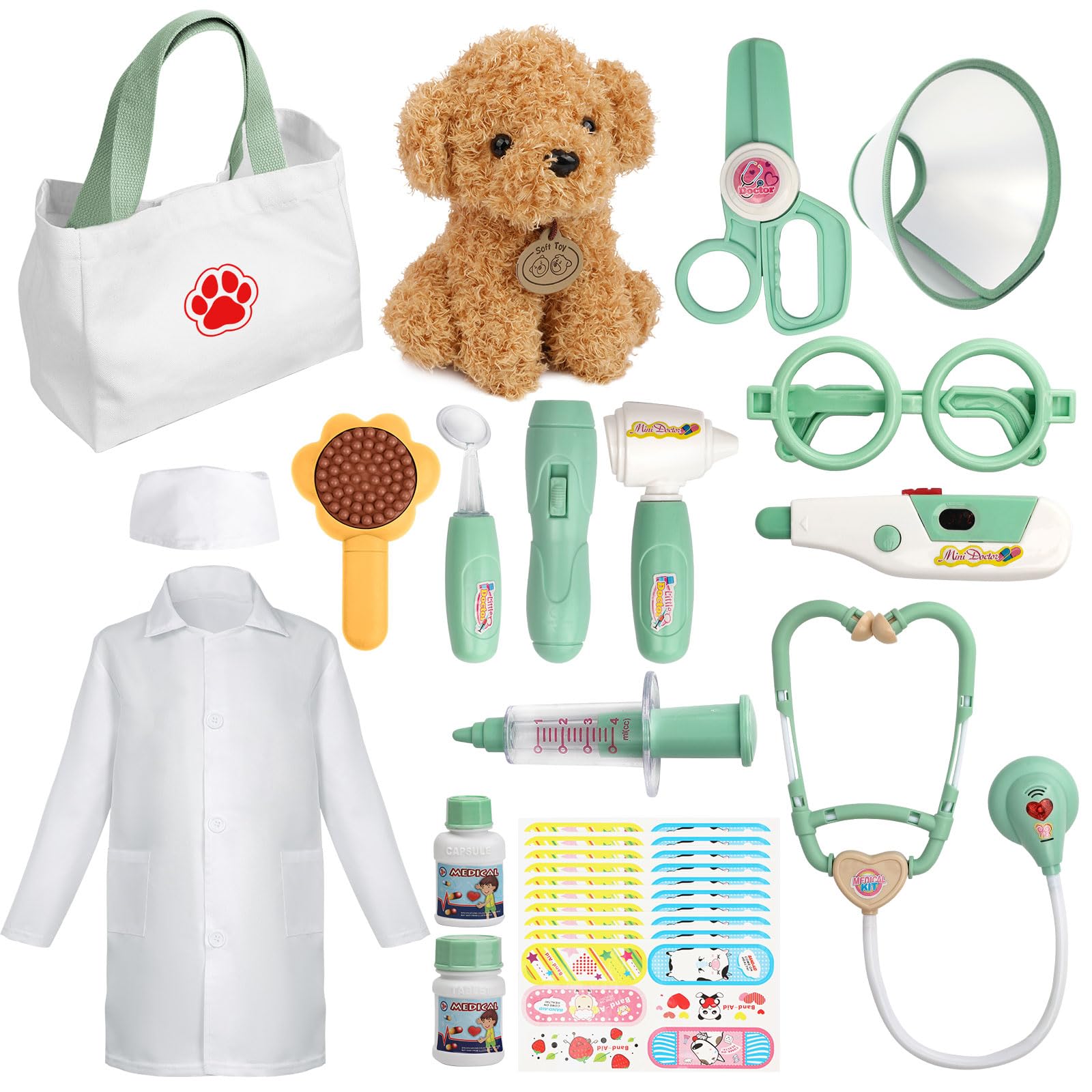 Liberry Doctor Kit for Toddlers 3 4 5 6 Years Old, 26 Pcs Kids Doctor Playset with Dog Toy, Stethoscope and Dress Up Costume, Pretend Play Medical Gift for Boys Girls (Green)