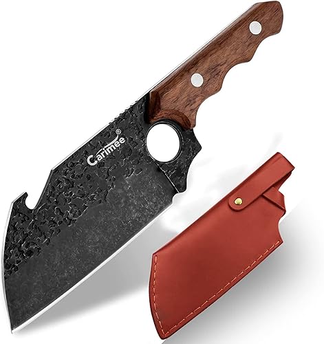 Cuchillo de carnicero de carne, cuchillo de cocina resistente con funda de cuero y abridor de botellas, mango ergonómico de espiga completa para