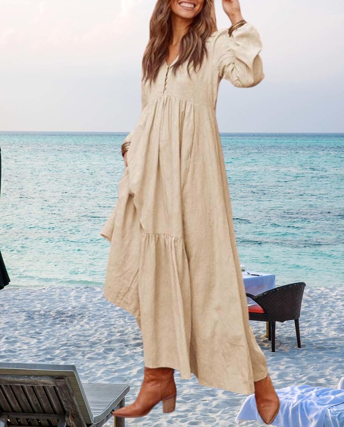 Womens Casual Cotton Blend Maxi Dress V Neck Long Sleeve Flowing Beach Dress with Pockets and Buttons - Image 3