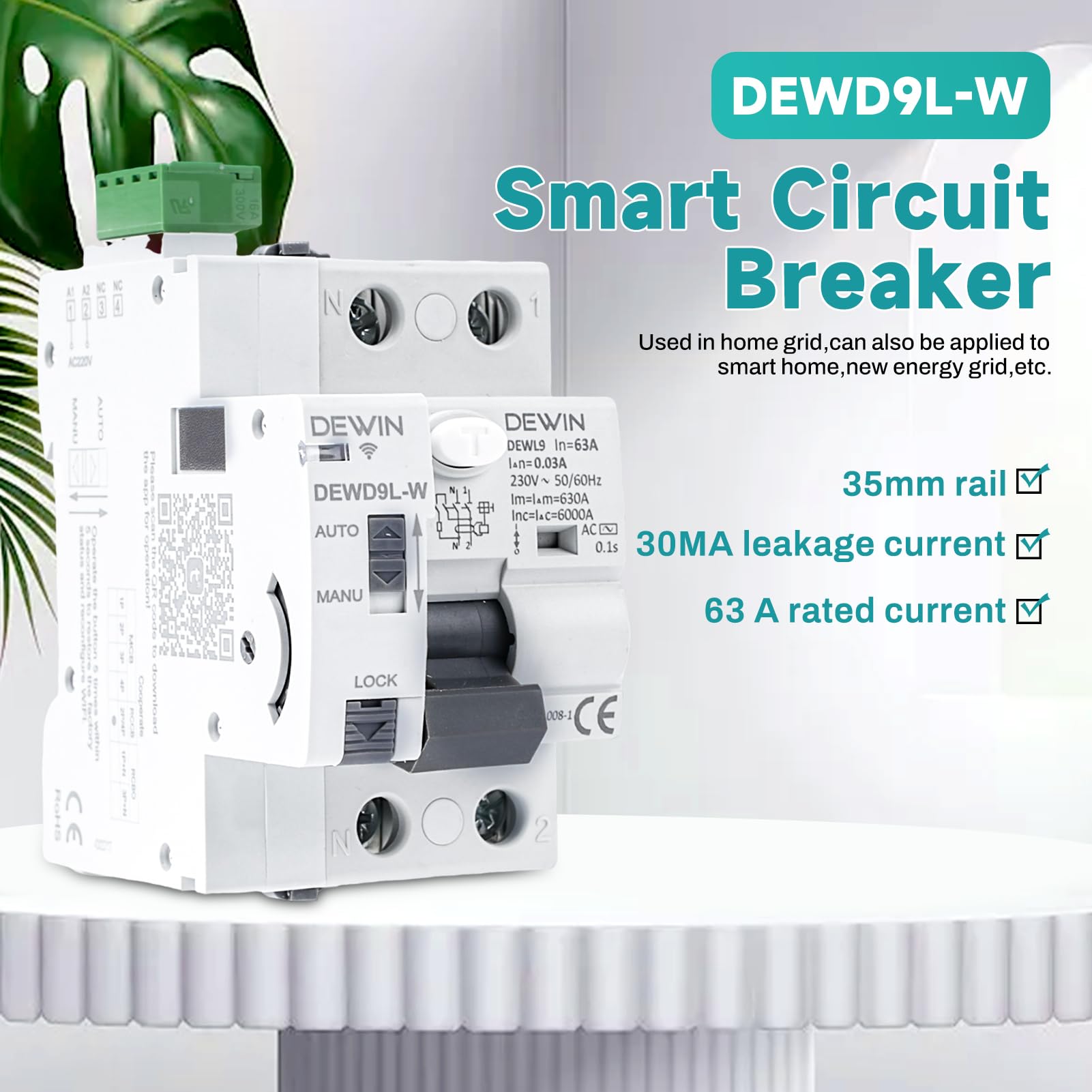 DEWIN Interruttore Magnetotermico Differenziale WiFi 63A 30mA 2P AC220V Salvavita MCB/RCCB,Il reset e la disconnessione possono essere controllati dall'applicazione.Oppure reimpostare manualmente.
