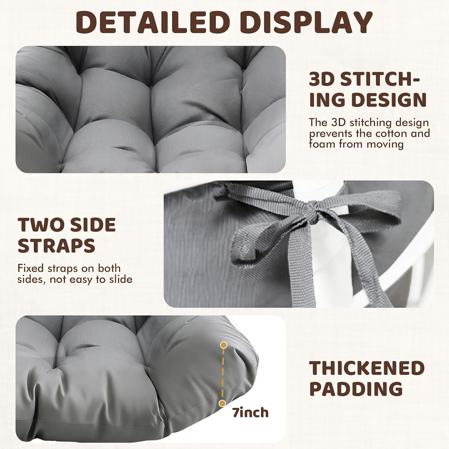 Waterproof Egg Chair Cushion Replacement, 47x33x7 Inches Thicken Outdoor Hanging Chair Cushion with Headrest Pillow, Cushions for Egg Chairs, Gray