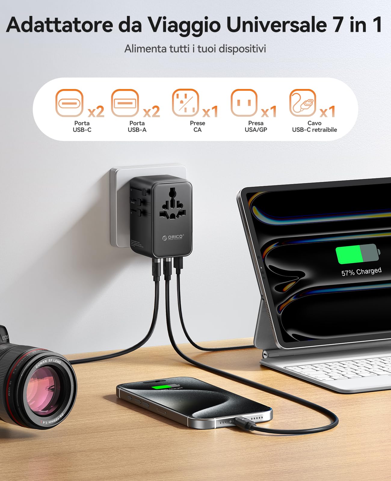 ORICO GaN 70W Adattatore Universale da Viaggio, 7-in-1 con 3 USB-C, 2 Prese AC e 2 USB-A, Adattatore Presa Internazionale per Oltre 200 Paesi tra cui UE, USA, UK, Australia, Giappone - UAX(Nero）