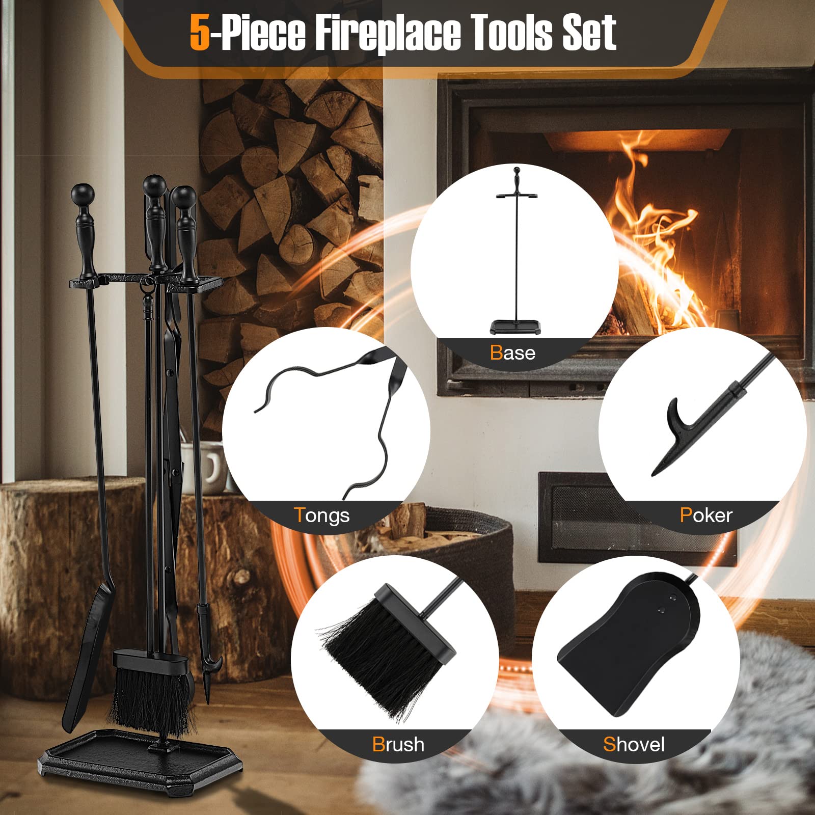 Juego de 5 piezas para chimenea de hierro forjado con soporte, pinzas, pala, cepillo y póquer, accesorios para estufa de carbón (natural + negro, 4 ganchos, base redonda)