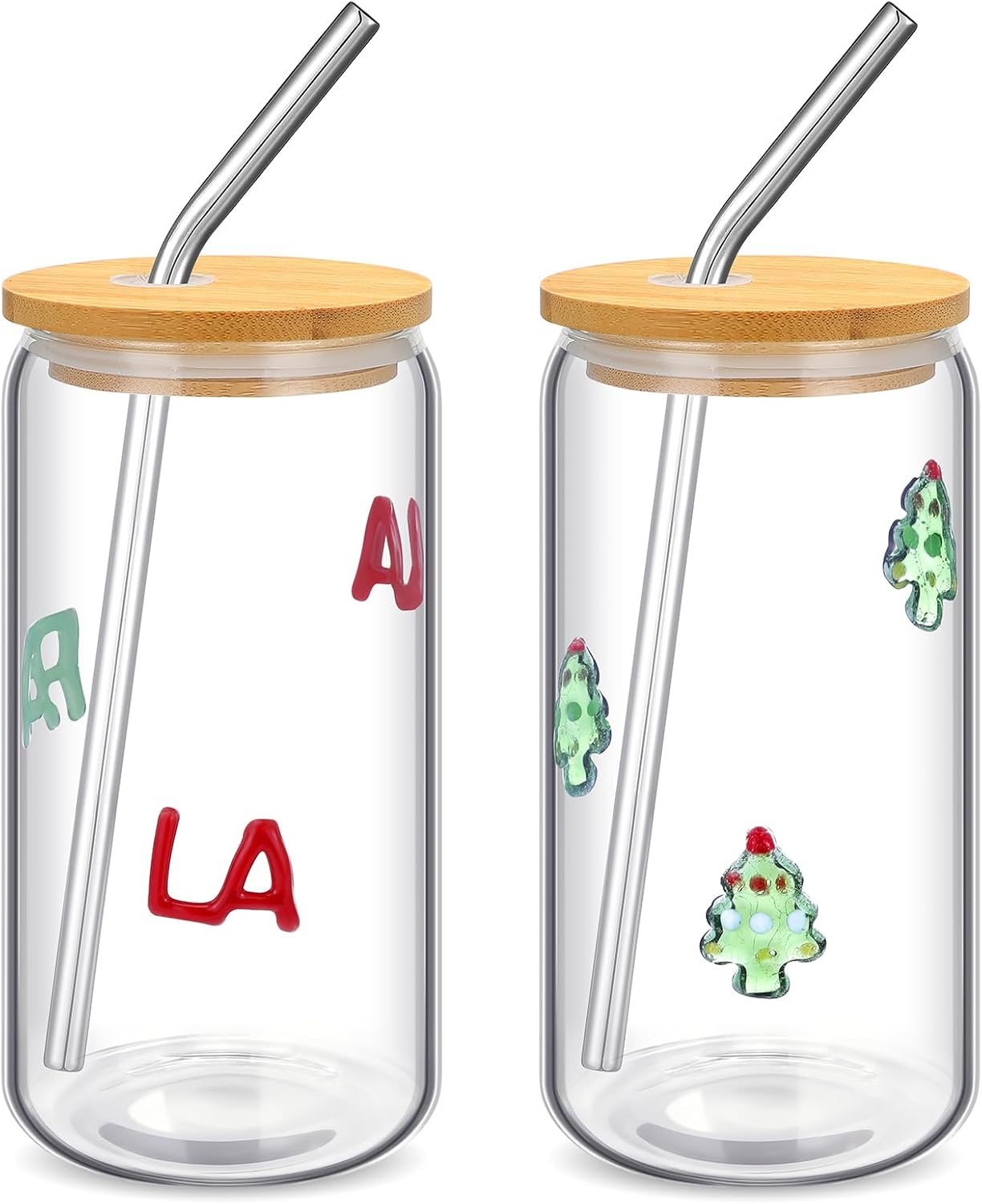 Honeydak 2 Pcs Christmas Icon Juice Glass Tumbler with Lid and Straws - 18 oz Christmas Tree & FA LA LA Drinking Glasses Coffee, Beer, Soda, Juice Cups for XMAS Party Supplies Gift