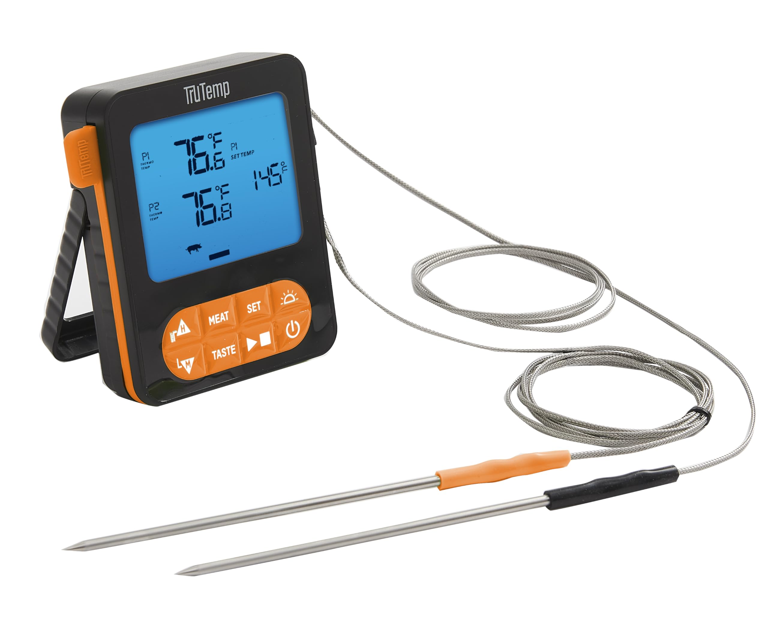Taylor TruTemp Termómetro programable para carne y alimentos con cable de doble sonda, digital, monitor de dos platos, hornear, asar, fácil de usar, retroiluminado, naranja
