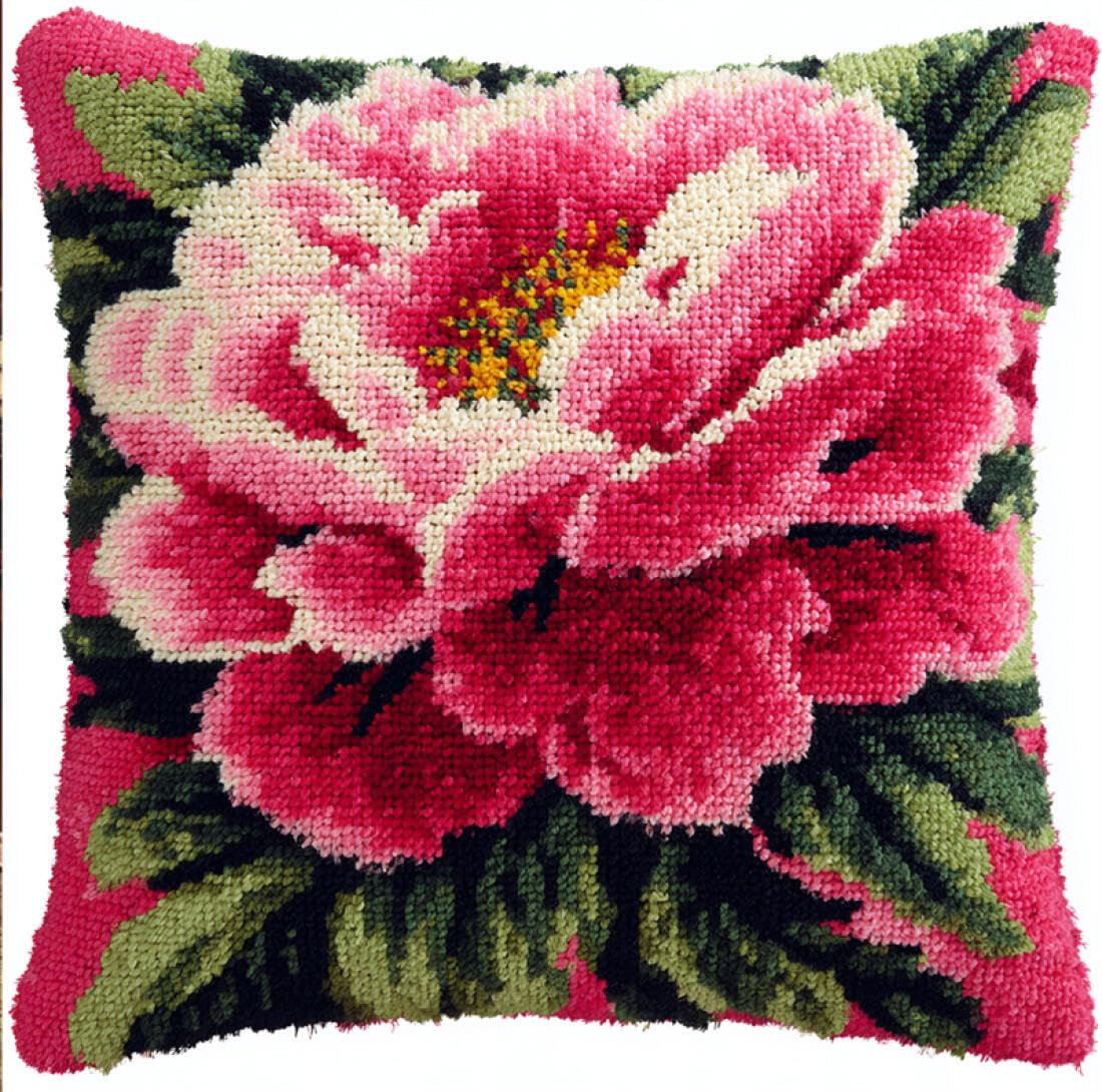 Kitquiver I Latch Hook Kits For Adults Pink Peony Crochet Needlework Crafts With Latch Hook Tool For Adults Diy Handmade Home Cushion Kits Decor 17X17in