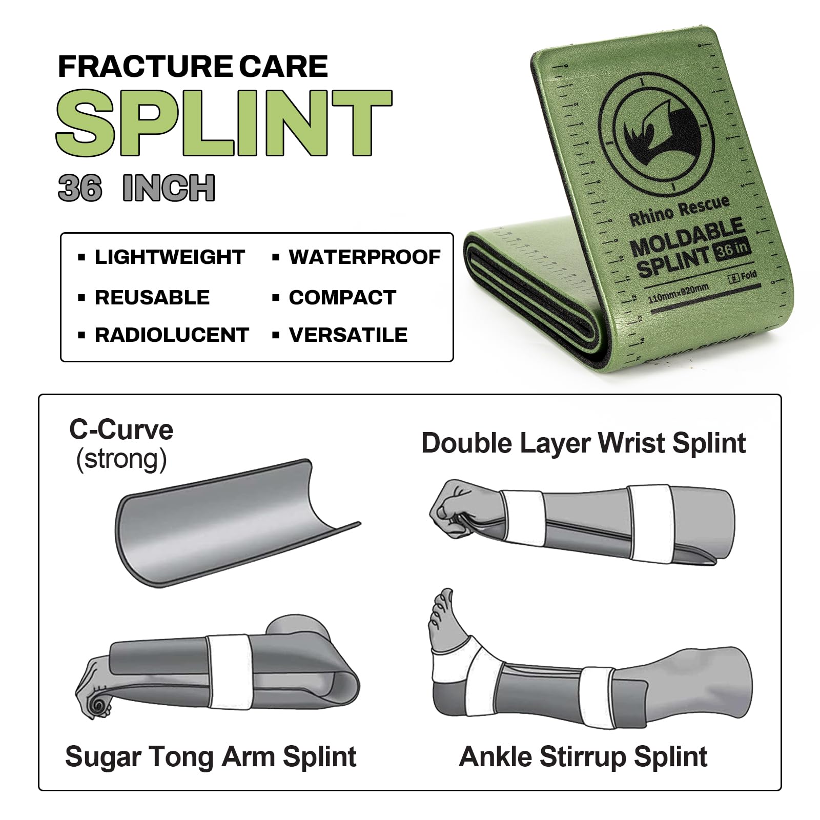 RHINO RESCUE First Aid Moldable Splint 36" X 4.3" Green-Gray (1, Folded) — Amazon image 2