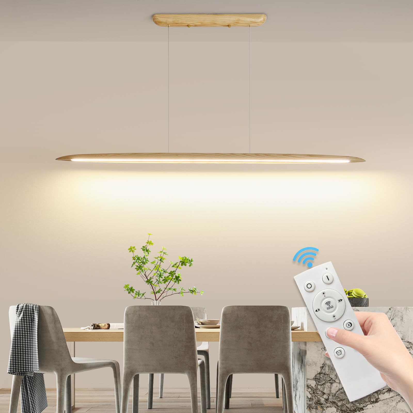 Mikeru 130cm Luce a Sospensione in Legno di Frassino, Luce da Tavolo da Biliardo Lampada a Sospensione Lineare in Legno Dimmerabile Dal 10% al 100% Con Funzione di Memoria per L'isola