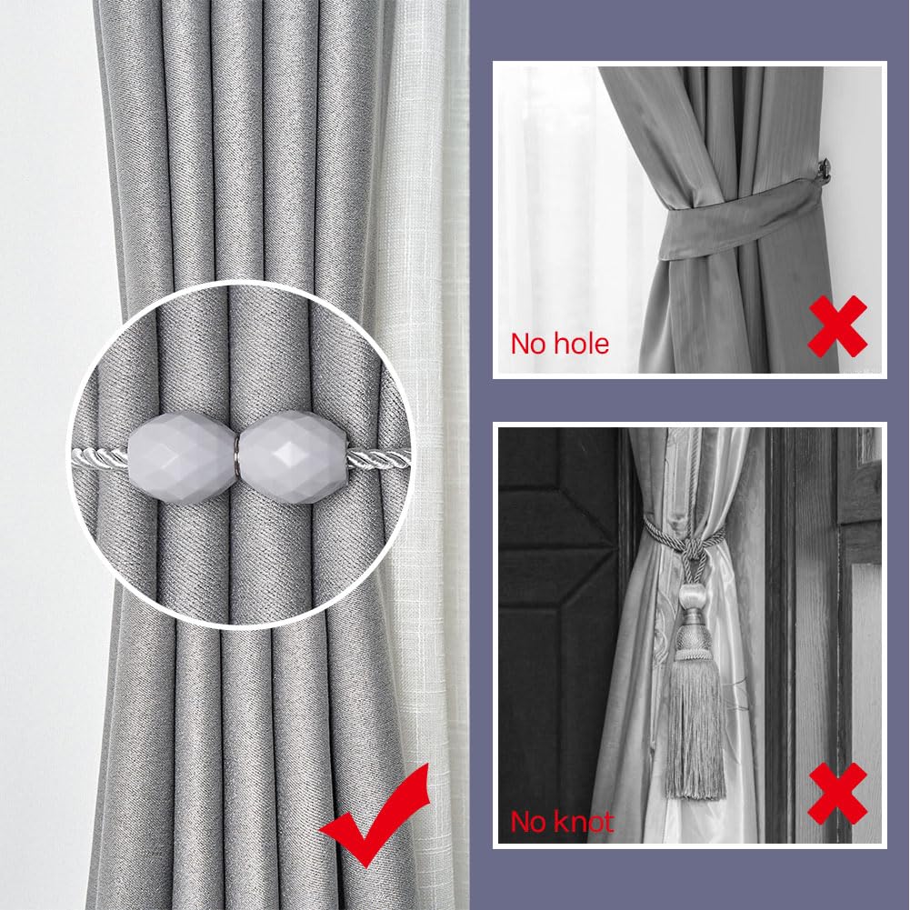 Pretty Jolly 2 Pack Magnetic Curtain Tiebacks Handmade Weave Rope Curtain Holdbacks Elegant Decorative Polyhedra Curtain Drape Tie Backs for Home & Office Thick & Thin Window Drapery (Light Grey) - Image 2