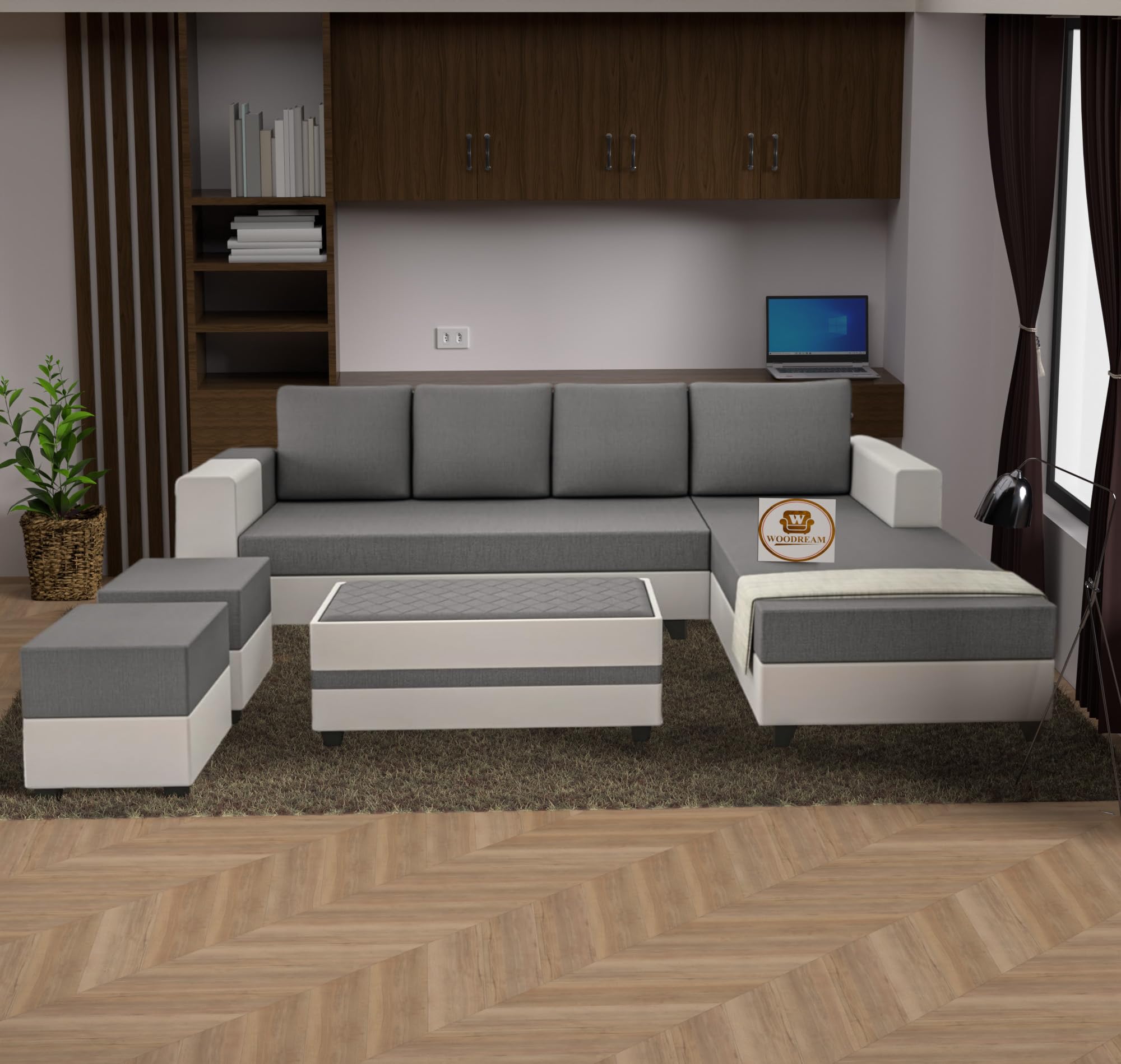 WOODREAM Right Facing Upholstered L Shape 8 Seater Sofa Set | Sectional Swed Fabric Sofa Set with Centre Table, 2 Puffy Ottomans and 4 Small Pillow for Living Room & Drawing Room, Grey & White (B0DCSQXPPT) Amazon Price History, Amazon Price Tracker