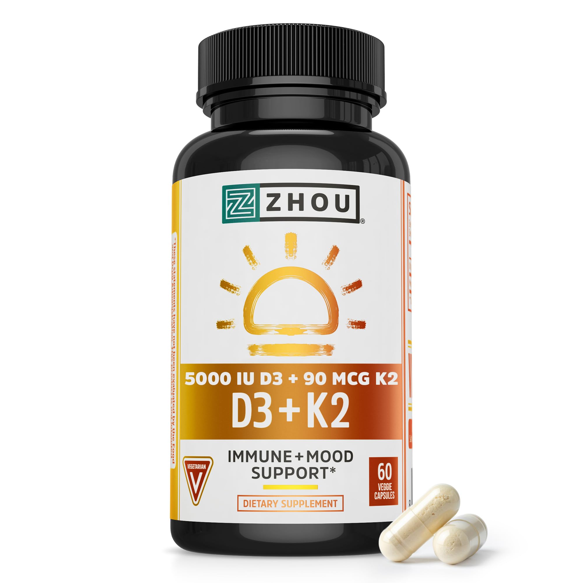 Zhou Nutrition Vitamin D3 K2, Bone and Heart Health Formula 5000 IU Vitamin D3 & 100 mcg Vitamin K2, Max Strength 2 in 1 Immune Support and Calcium Absorption, Gluten Free, 60 Count