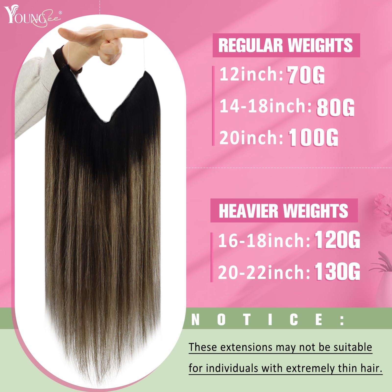 YoungSee Wire Hair Extensions Ombre 14inch Wire Human Hair Extensions Black to Dark Brown with Blonde Balayage Fish Line Human Hair Extensions for Beginners 80g One Piece Easy Application - Image 4