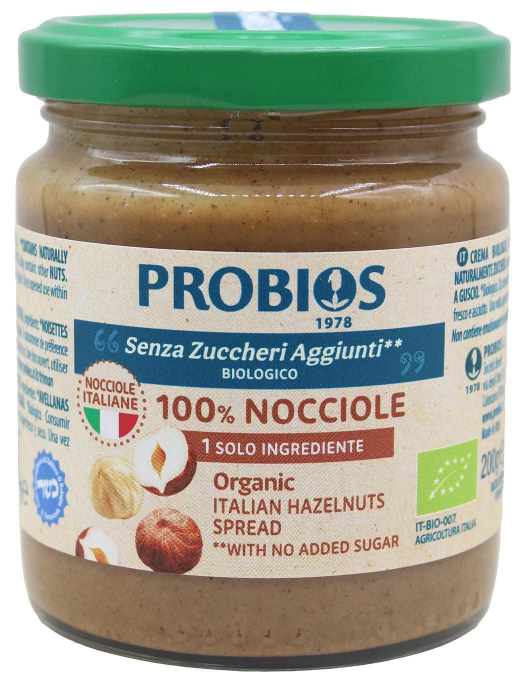Probios Crema nocciole italiane biologiche - Senza glutine e crema nocciole 100 pura senza zucchero - Perfetta per dolci, colazione e dessert - Confezione da 6 x 200 g