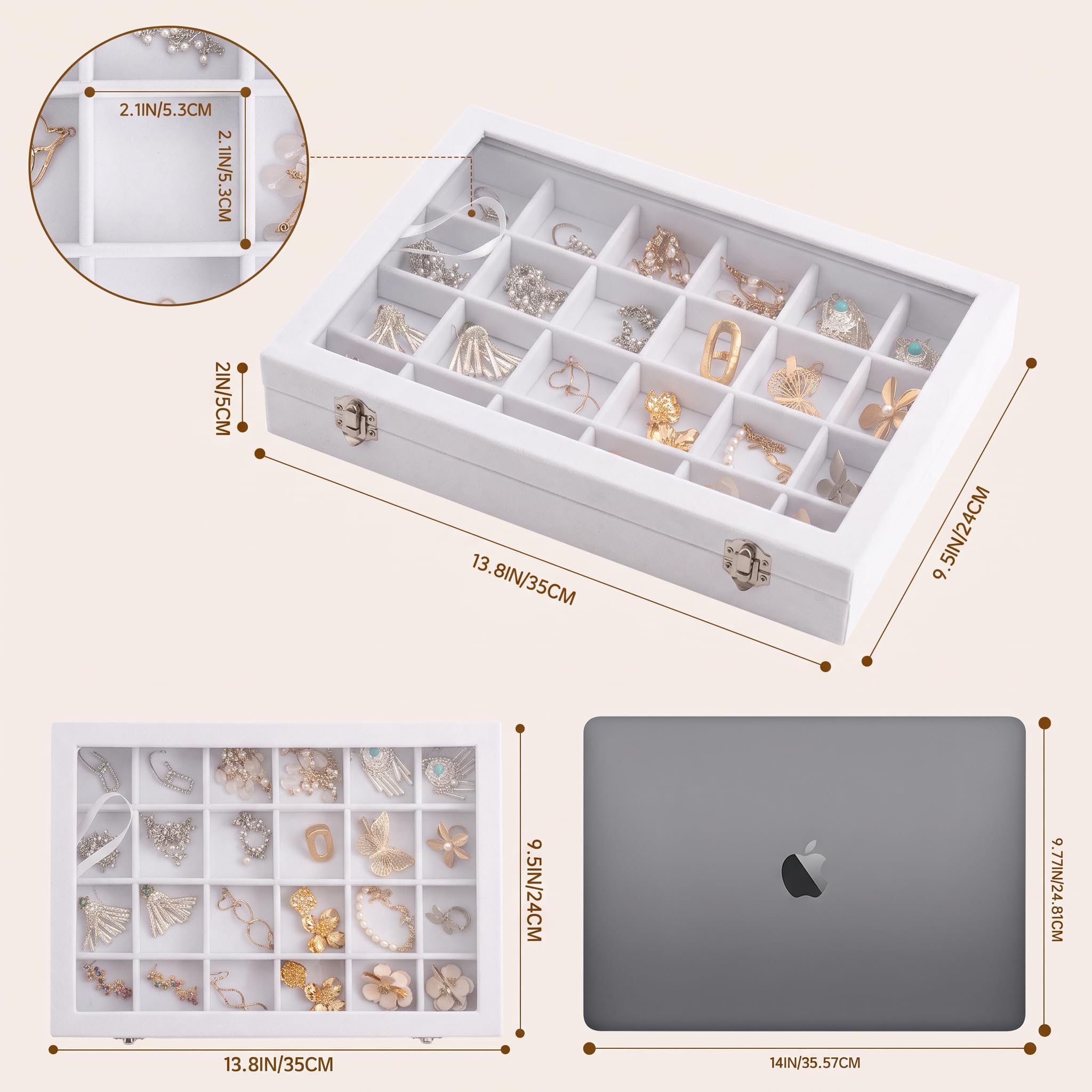 Frebeauty Plateau de rangement à bijoux avec couvercle transparent - 24 compartiments - Boîte de rangement en velours avec couvercle en verre transparent - Présentoir à bijoux avec serrure - Cadeau