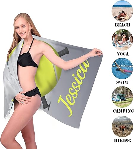 Miniatura 3 de Toalla de playa personalizada con raqueta de tenis gris con nombre, toallas grandes de gran tamaño, 2 lados impresos para béisbol deportivo, 30 x 60