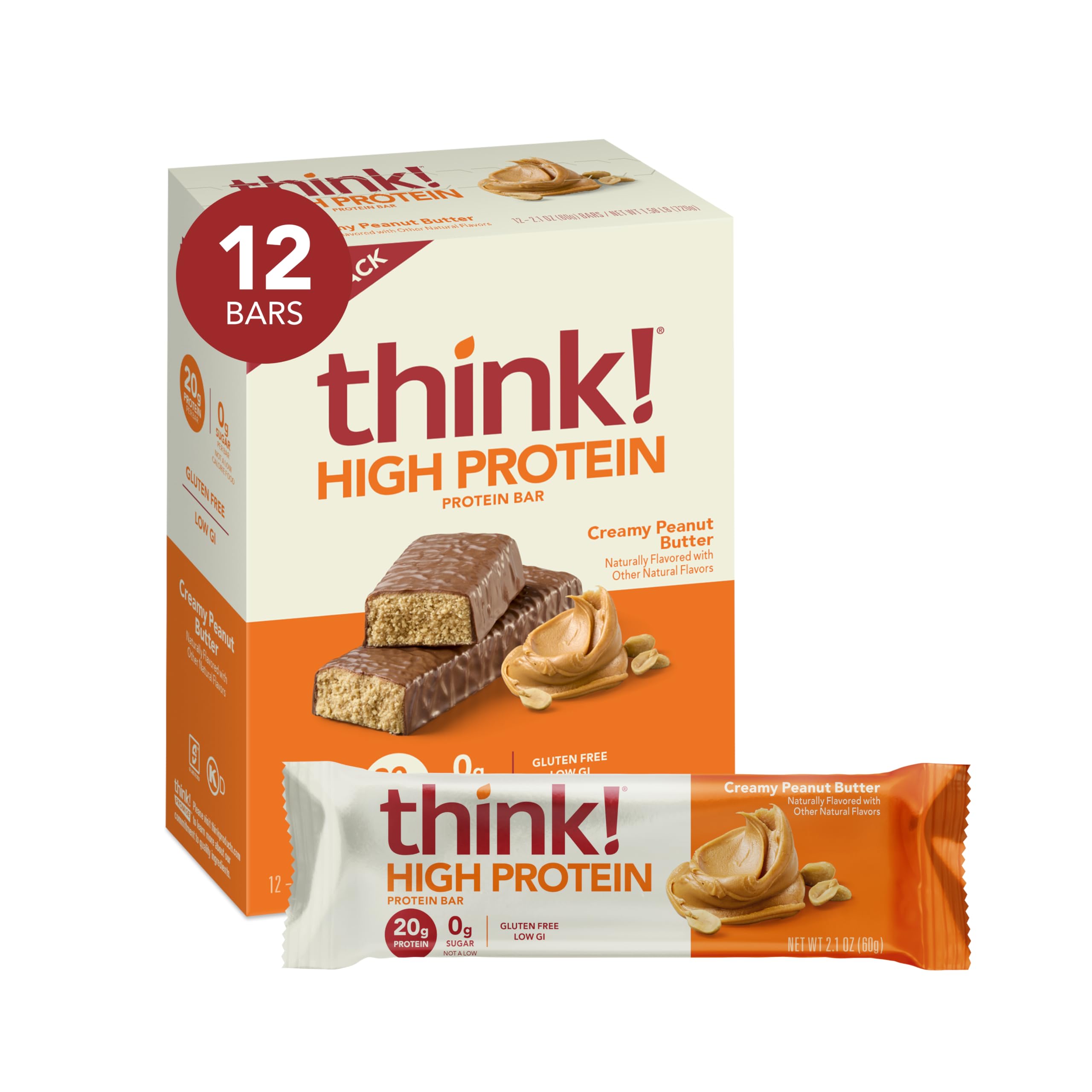 think! Protein Bars, High Protein Snacks, Gluten Free, Kosher Friendly, Creamy Peanut Butter, Nutrition Bars, 2.1 Oz per Bar, 12 Count (Packaging May Vary)