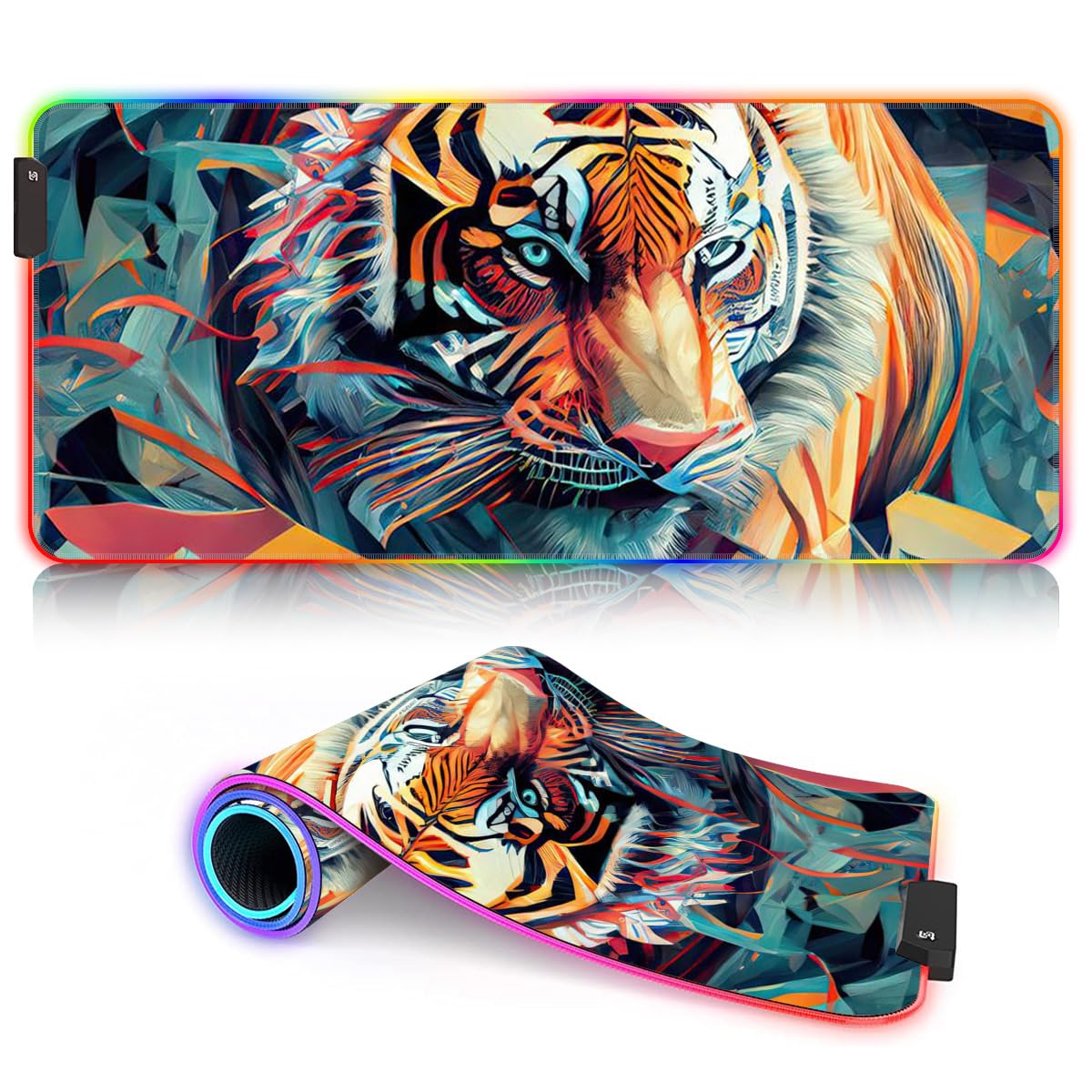 HEYCE Tappetino per mouse grande con scritta "The powerful Tiger ROG Extended Large LED Gaming Mouse Mat con bordi cuciti (60 x 35 x 0,3) cm, accessorio per scrivania per PC e ufficio