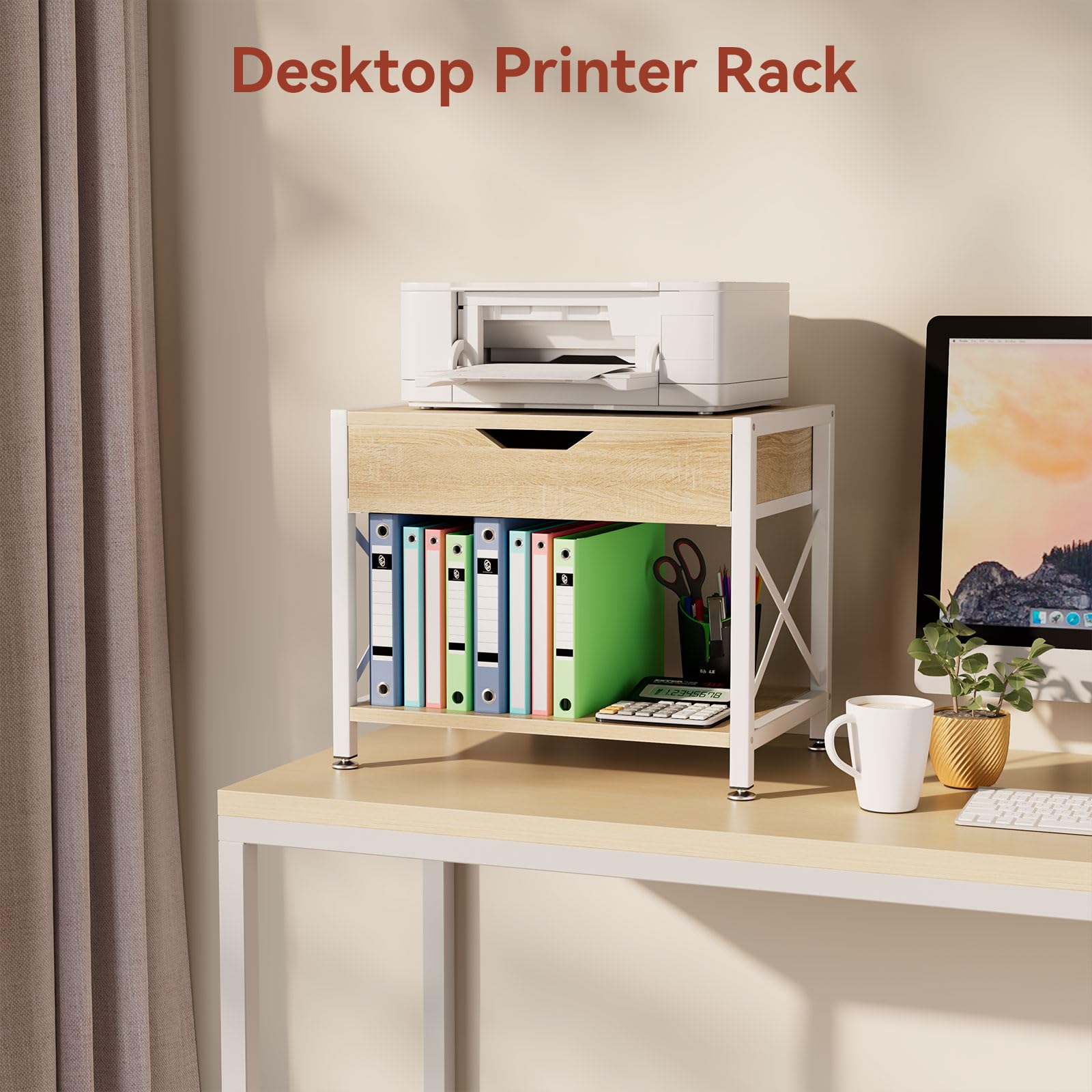 IBUYKE Soporte para impresora de escritorio de 2 niveles, organizador de escritorio multiusos, soporte de madera para impresora con cajón de almacenamiento para carpetas, libros, para máquina de fax,