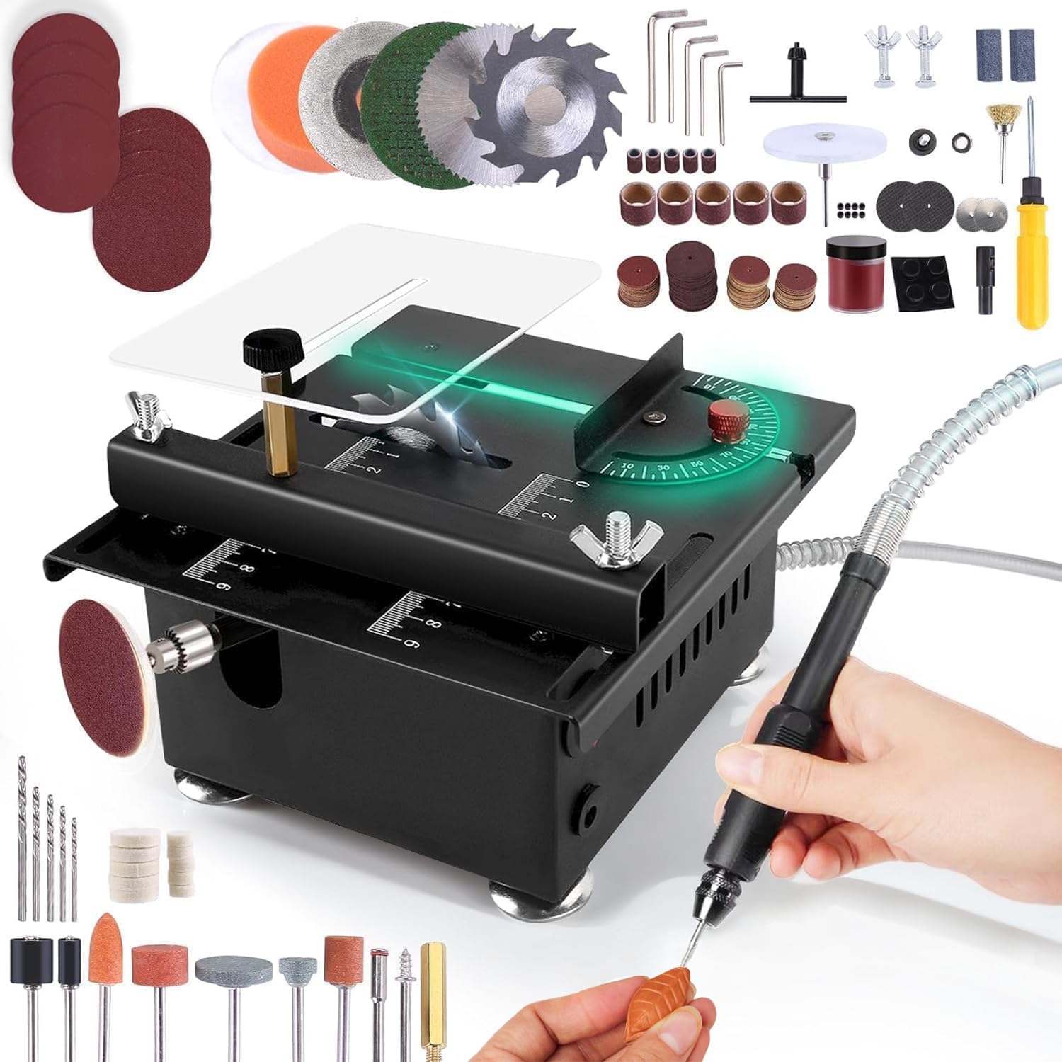 Mini sierra de mesa multifuncional con juego completo de accesorios, velocidades ajustables y ángulo, mini sierra eléctrica portátil de escritorio para proyectos hechos a mano, madera, acrílico