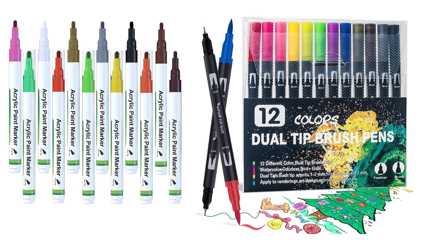Amitasha 24 Shades (Acrylic 12 + 12 Pcs Dual Tip Brush Pens) Marker Paint Pens, Wood, Canvas, Stone, Rock Painting, Glass, Ceramic Surfaces, Scrapbooking, Fabric, Plastic, Card Making, DIY Crafts