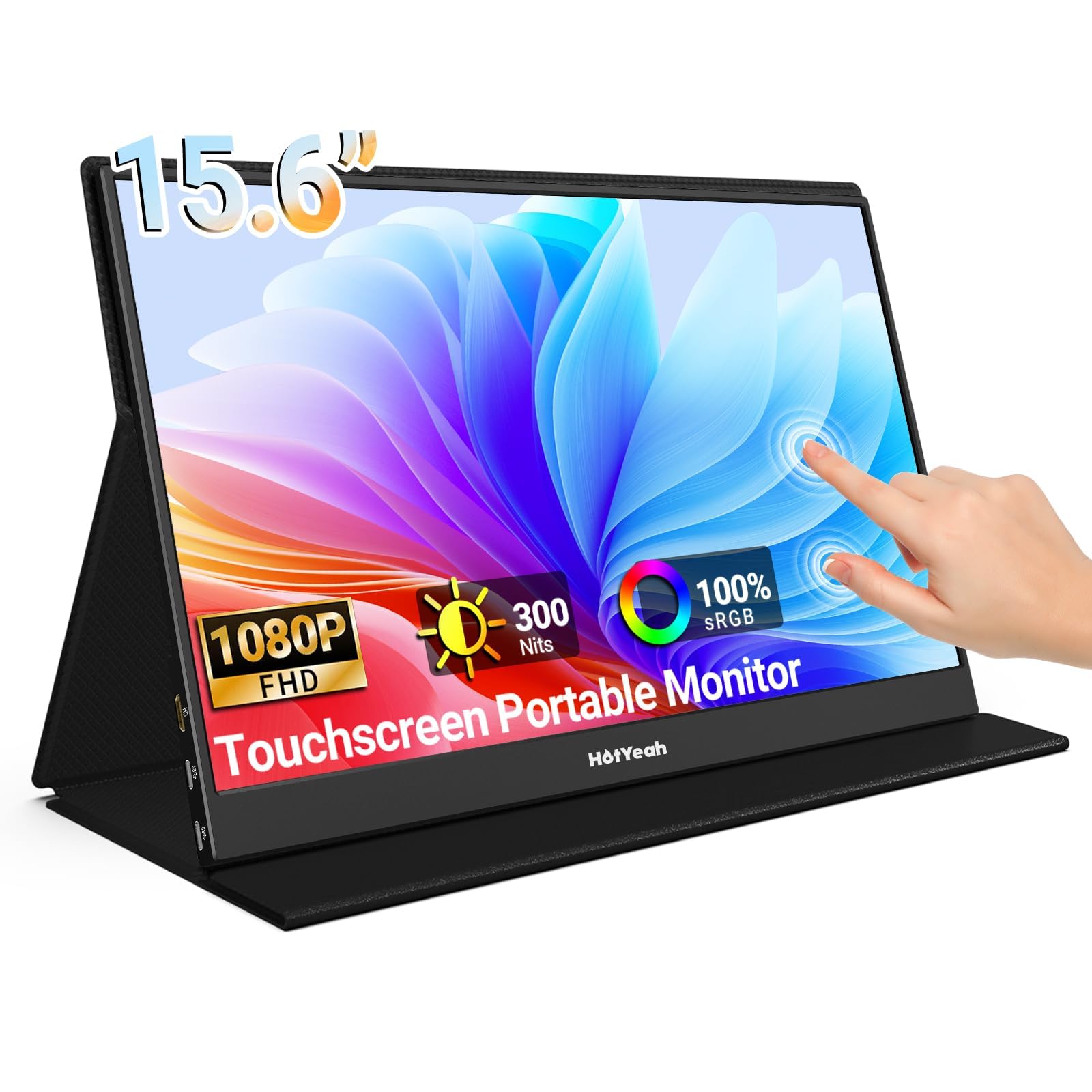 HotYeah Touch Screen Monitor, 15.6'' 1080P 10-Point Portable Monitor Touchscreen, USB-C HDMI HDR IPS Travel Monitor with Smart Cover & Speaker, Second External Monitor for Laptop PC Mac Phone Tablet