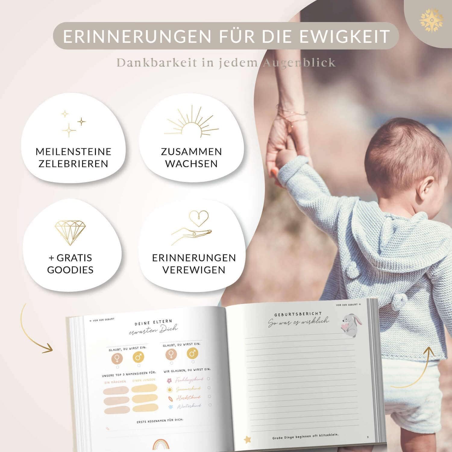 Lebenskompass Geschenk Set für Babys - Babyalbum "PURE" + Meilensteinkarten inkl. Kartenständer aus Holz + Baby Sticker Set zum verschenken zur Babyparty - liebevoll gestaltetes Erinnerungsalbum