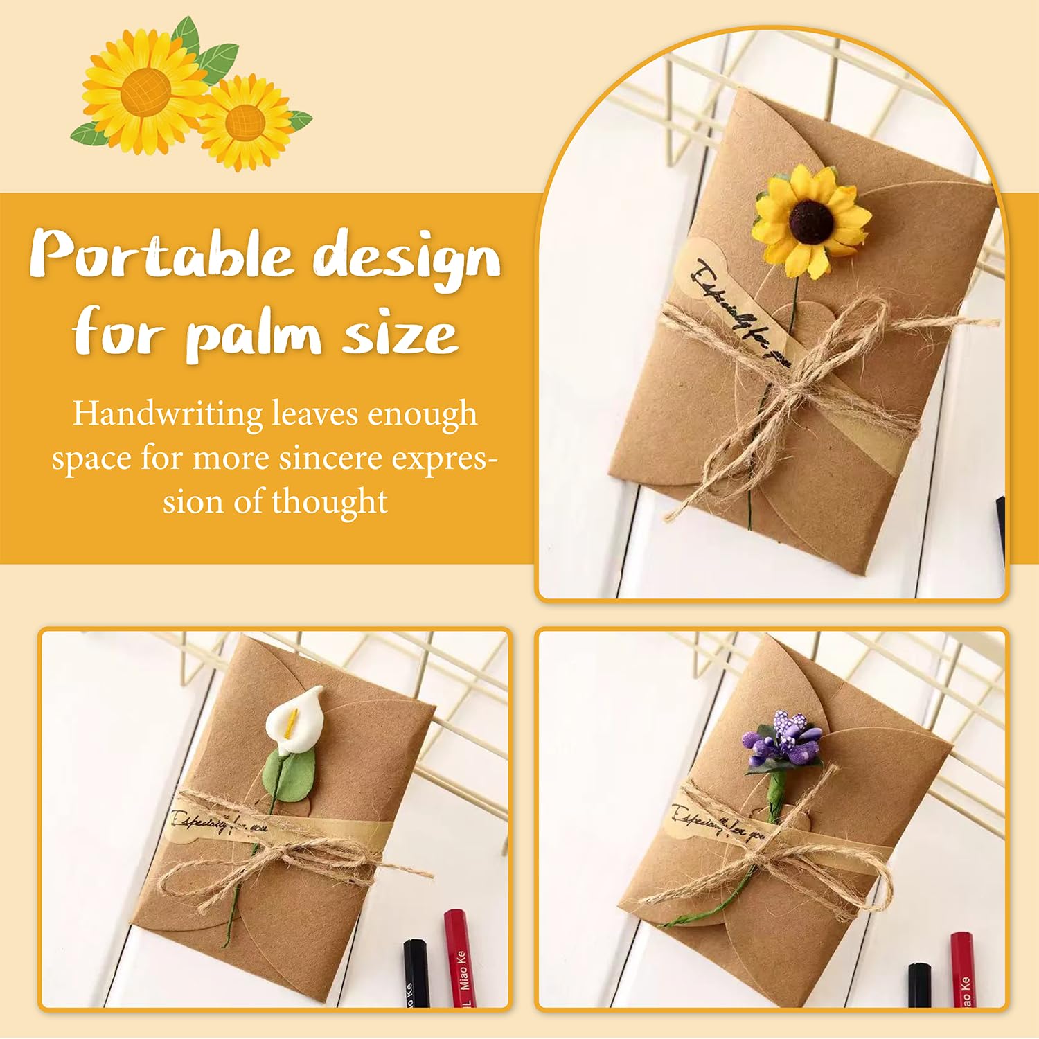 Kraft Papier Retro Grußkarten mit Umschlägen, 8 Stück, Trockenblumen, für Hochzeit Geburtstag Weihnachten