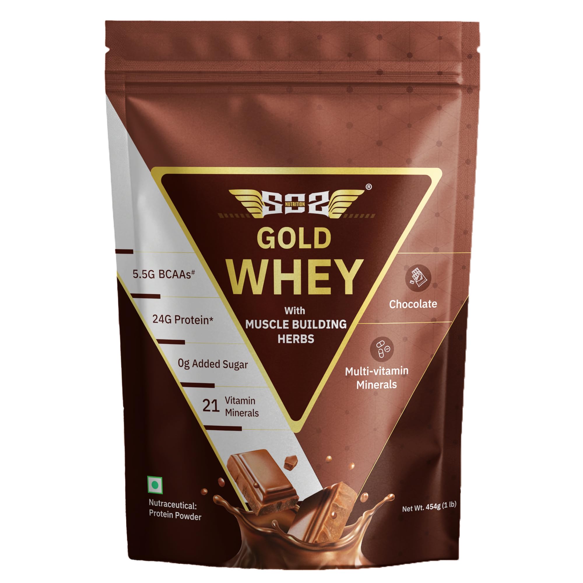 Gold Whey Protein Powder 454g (15 Servings) | 24g Protein, 5.5g BCAAs | With Ashwagandha & Musli | Gluten-Free, Lactose-Free | No Artificial Sweeteners | Muscle Recovery Protein