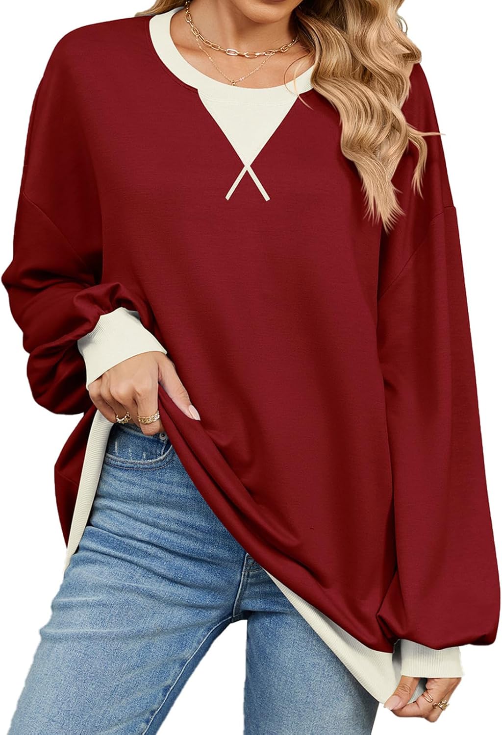 Women's Sweatshirts Oversized Color Block Crew Neck Long Sleeve Tops Casual Lightweight Pullover Shirts Y2K Clothes