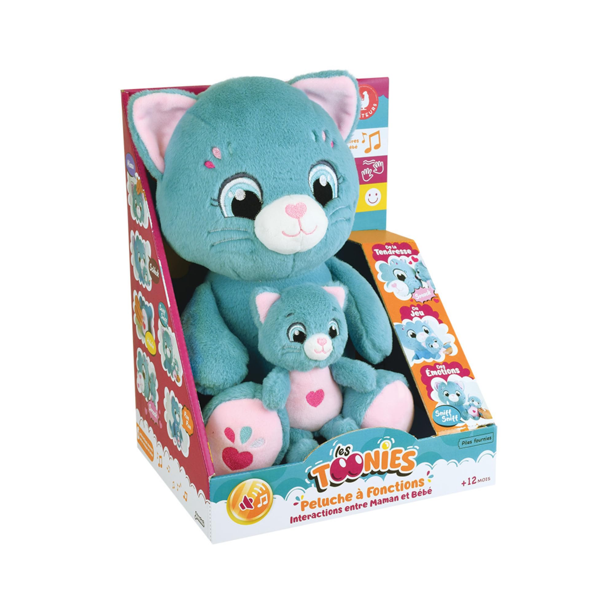 Jemini | Peluche Interattivo Gatto Mamma E Bambino | 26 Cm | 6 Suoni Educativi | Doudou Sonore Bambino 12 Mesi | Giocattolo Risveglio Sensoriale con Batterie Incluse | Collezione Toonies | Regalo 1