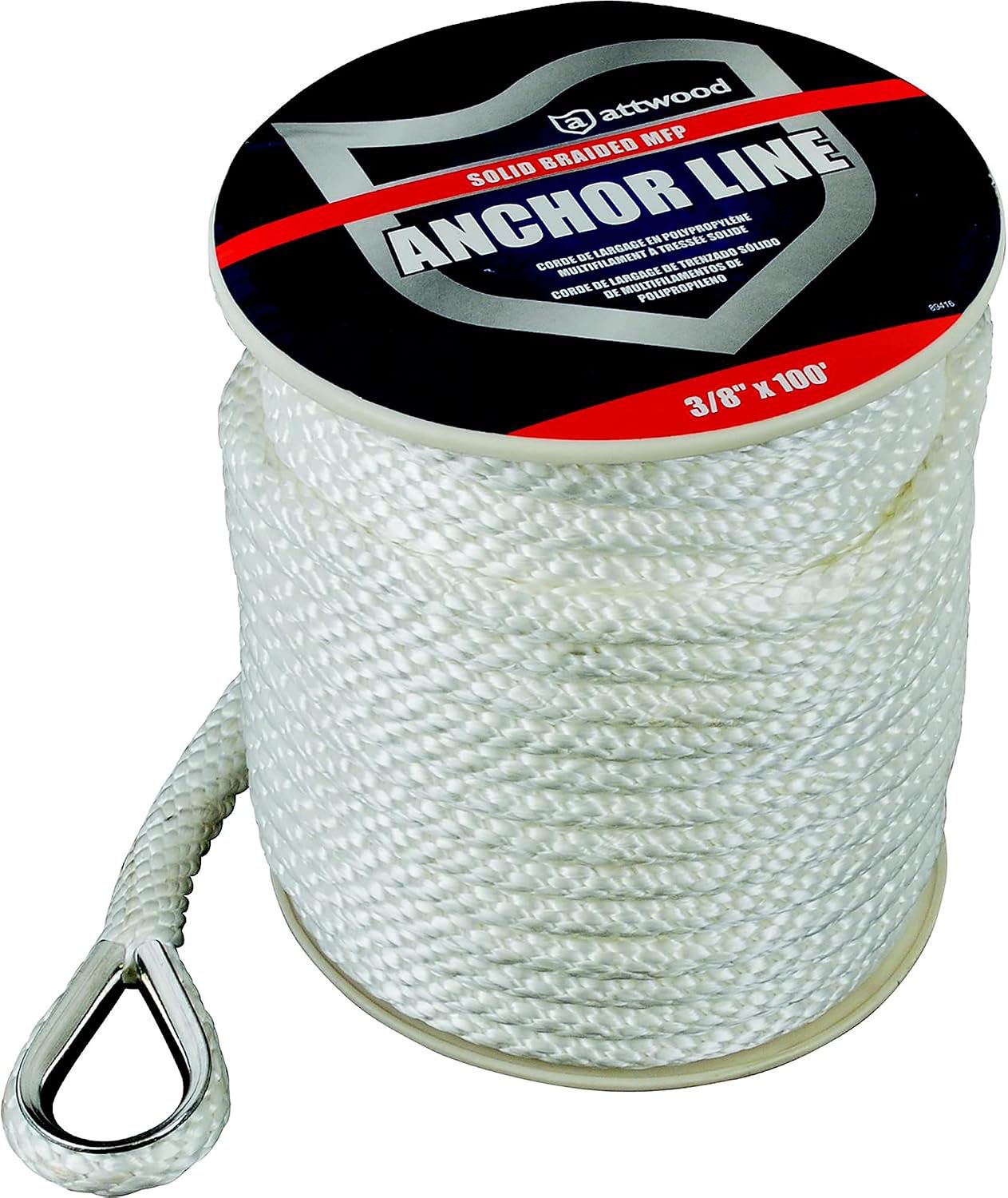 attwood Solid Braid MFP Anchor Line with Thimble (White, 3/8-Inch x 100-Feet)