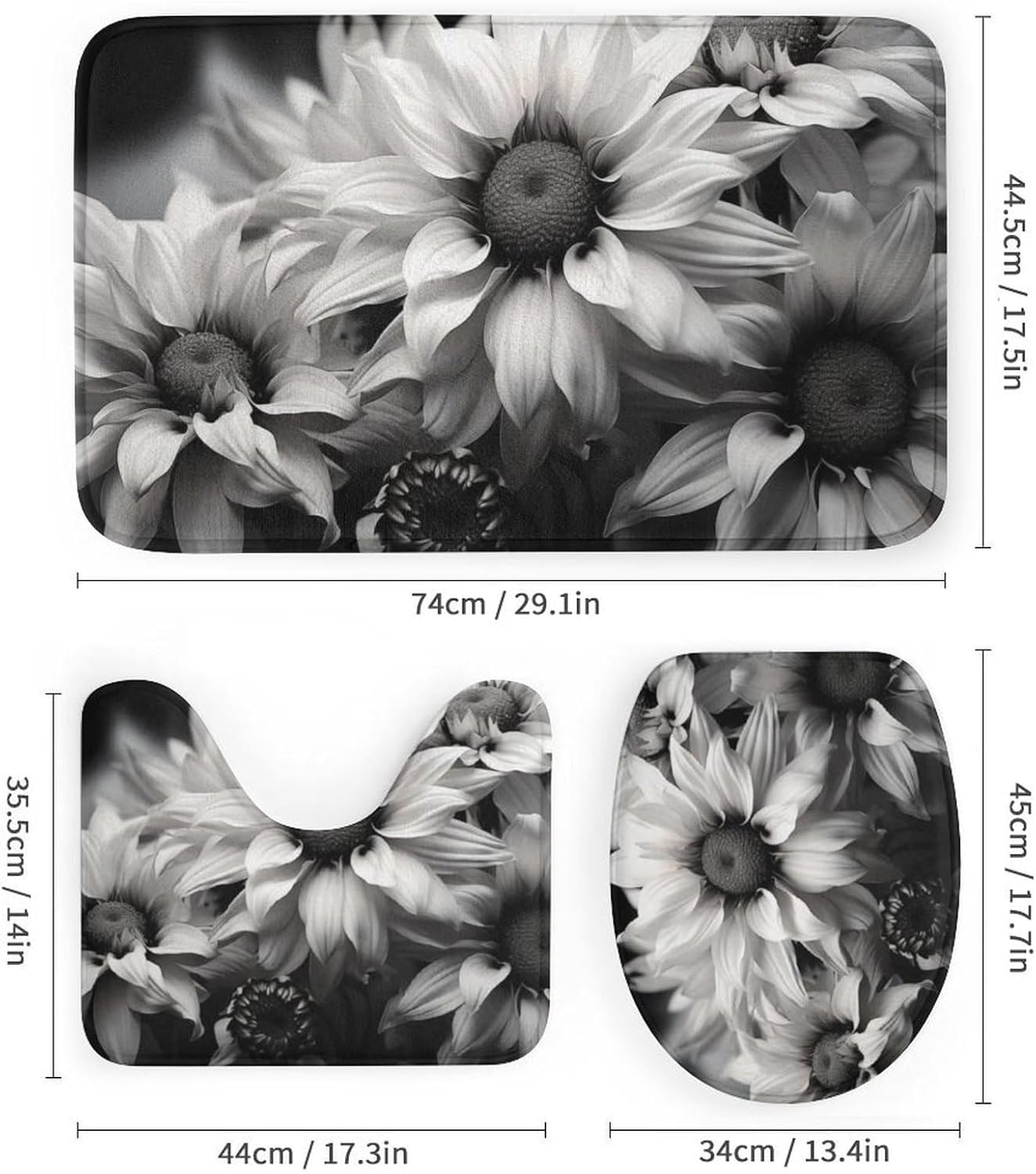 4 Pieces Country Rustic Sunflower Shower Curtain Set Black and White Floral Nature Bathroom Decor Sets with Rugs Bathroom Accessories Set Bathroom Curtain Shower Set with 12 Hooks